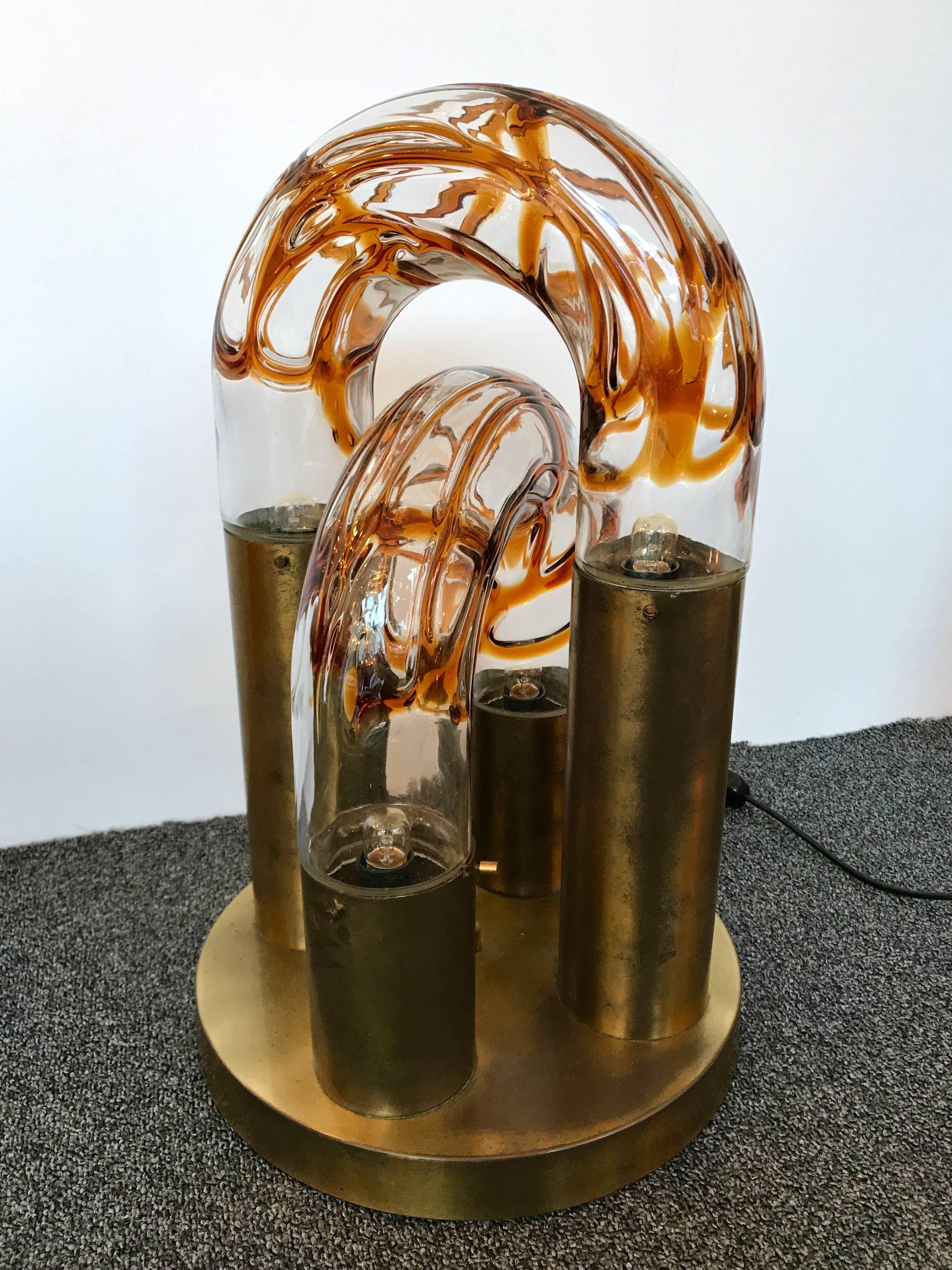 Table lamp by the designer Aldo Nason for the manufacture Mazzega Murano. Caramel amber blown glass brass base, nice patina. Famous manufacture like Venini, Vistosi, La Murrina, VeArt, Carlo Nason.