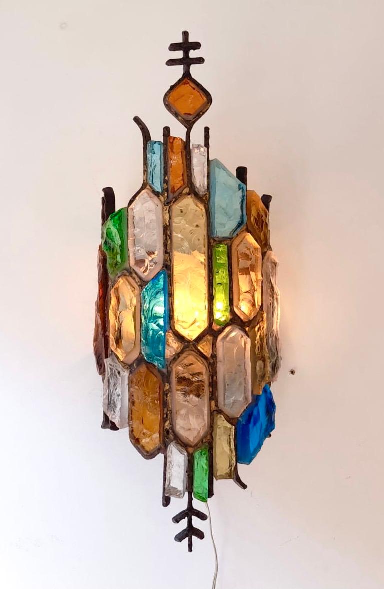 Pair of Hammered Glass and Gilt Iron Sconces by Longobard, Italy, 1970s 7