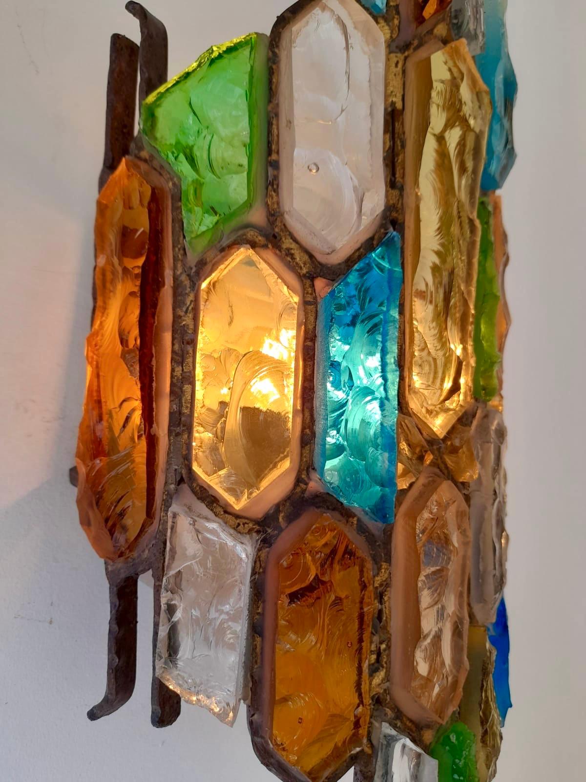 Pair of Hammered Glass and Gilt Iron Sconces by Longobard, Italy, 1970s 8