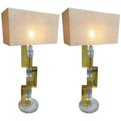Contemporary Pair of Lamps Cubic Murano Glass and Brass