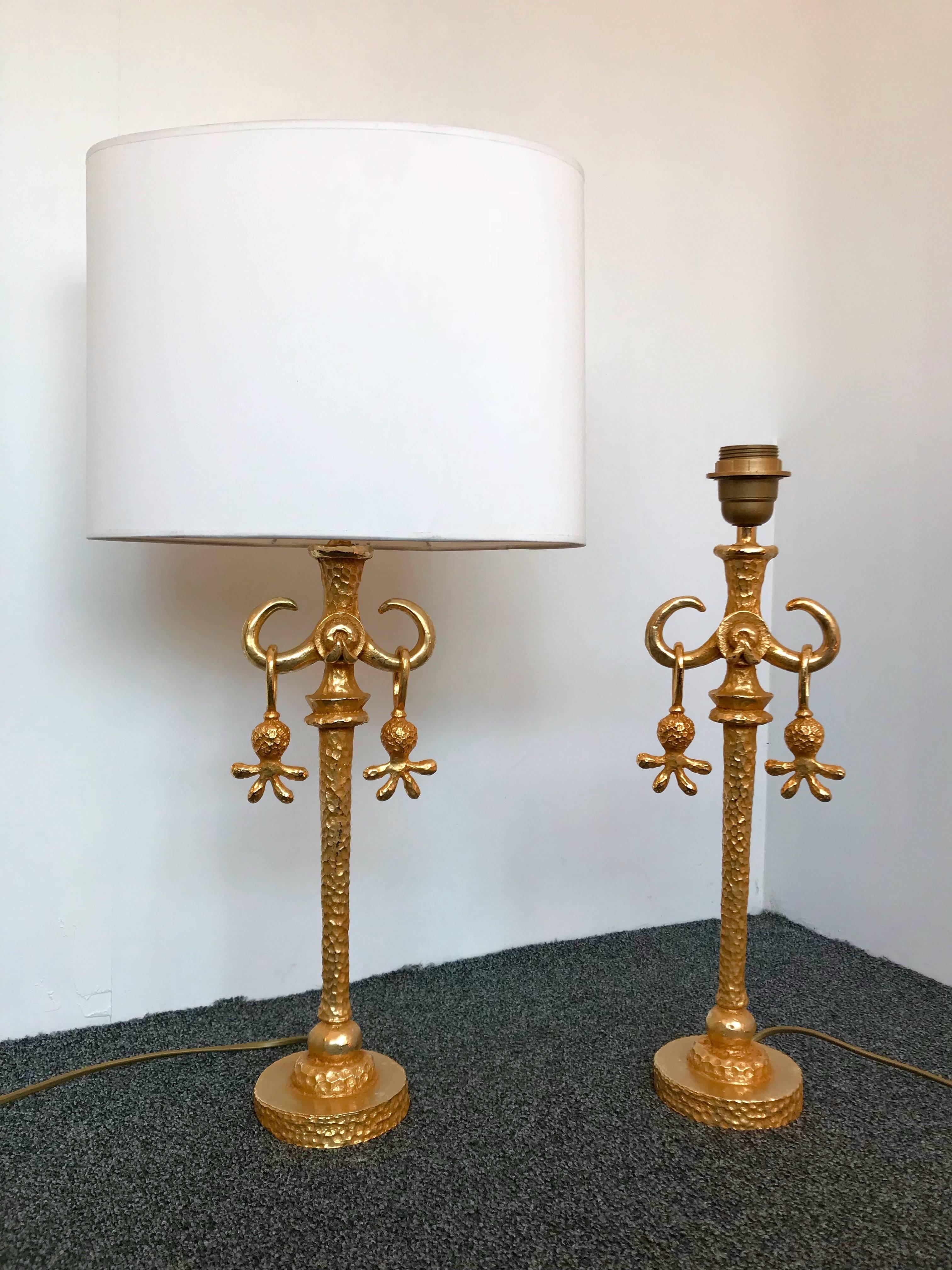 French Pair of Gilt Bronze Lamps by Nicolas Dewael for Fondica, France, 1990s
