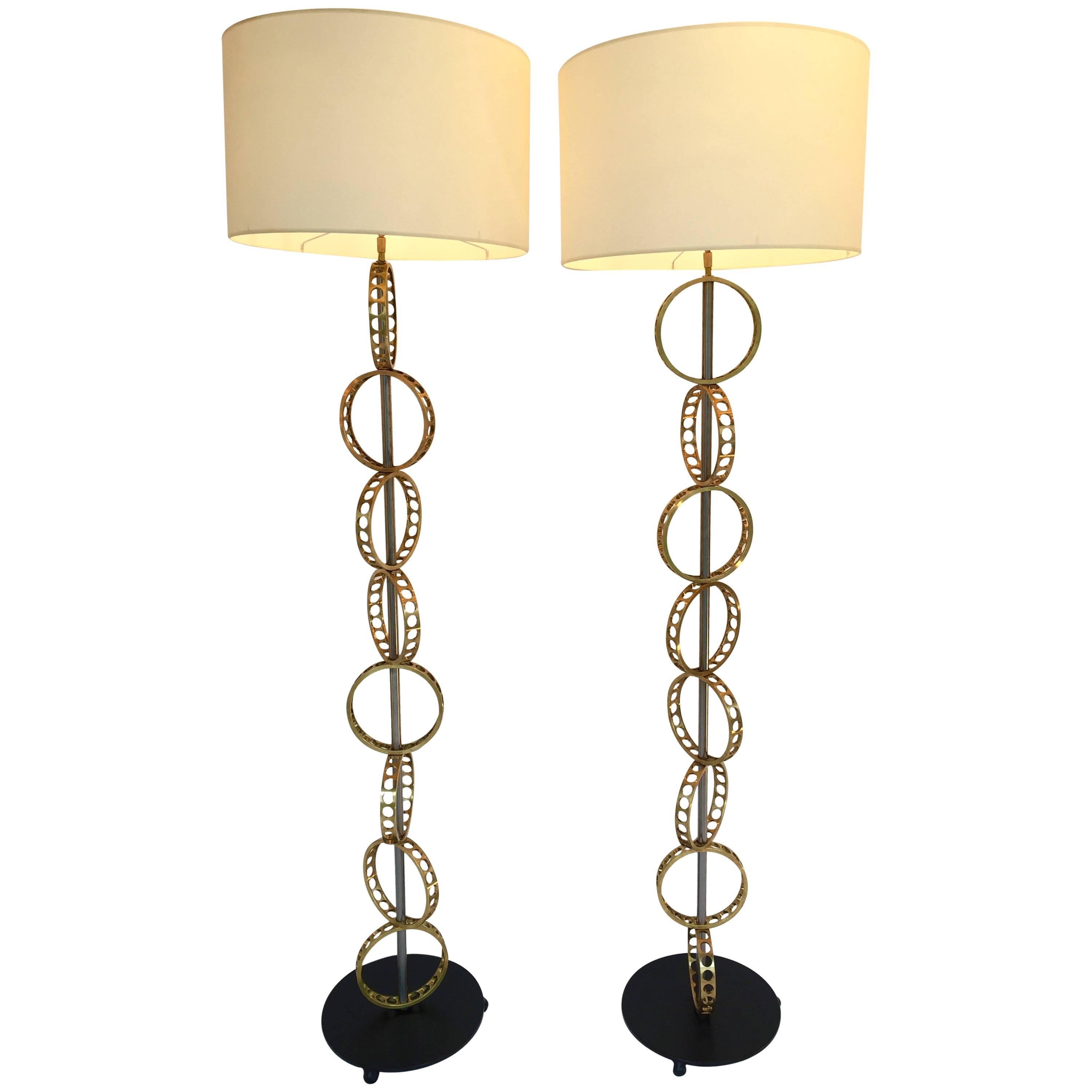 Contemporary Pair of Brass Circle Floor Lamp, France