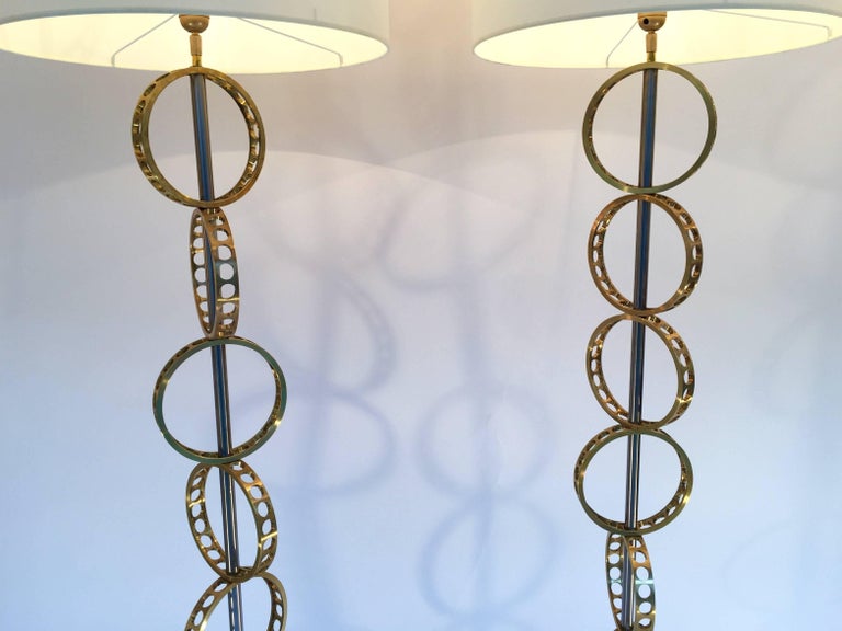Metal Contemporary Pair of Brass Circle Floor Lamp, France For Sale