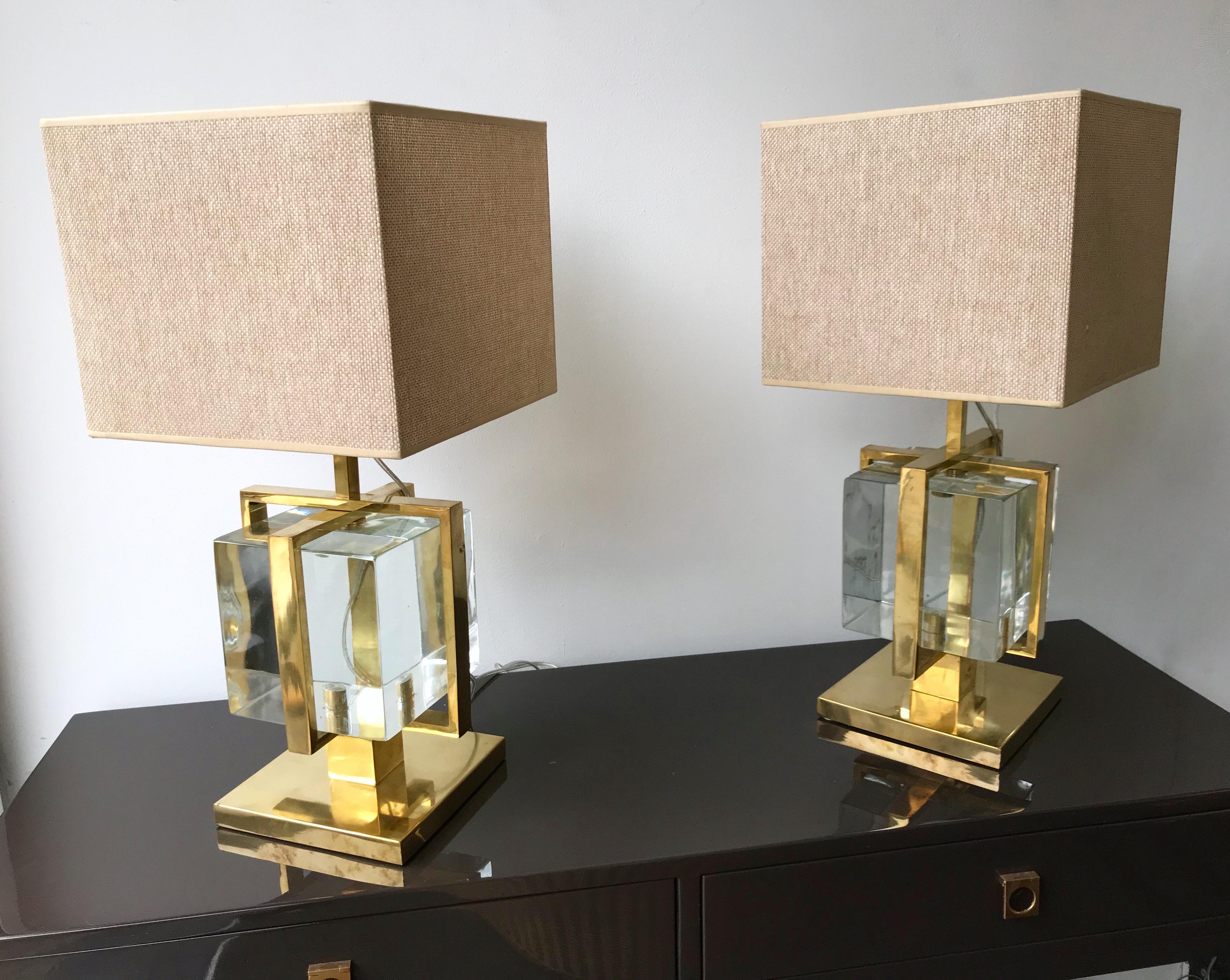 Contemporary Pair of Lamps Brass Cage Murano Glass Cube, Italy 4