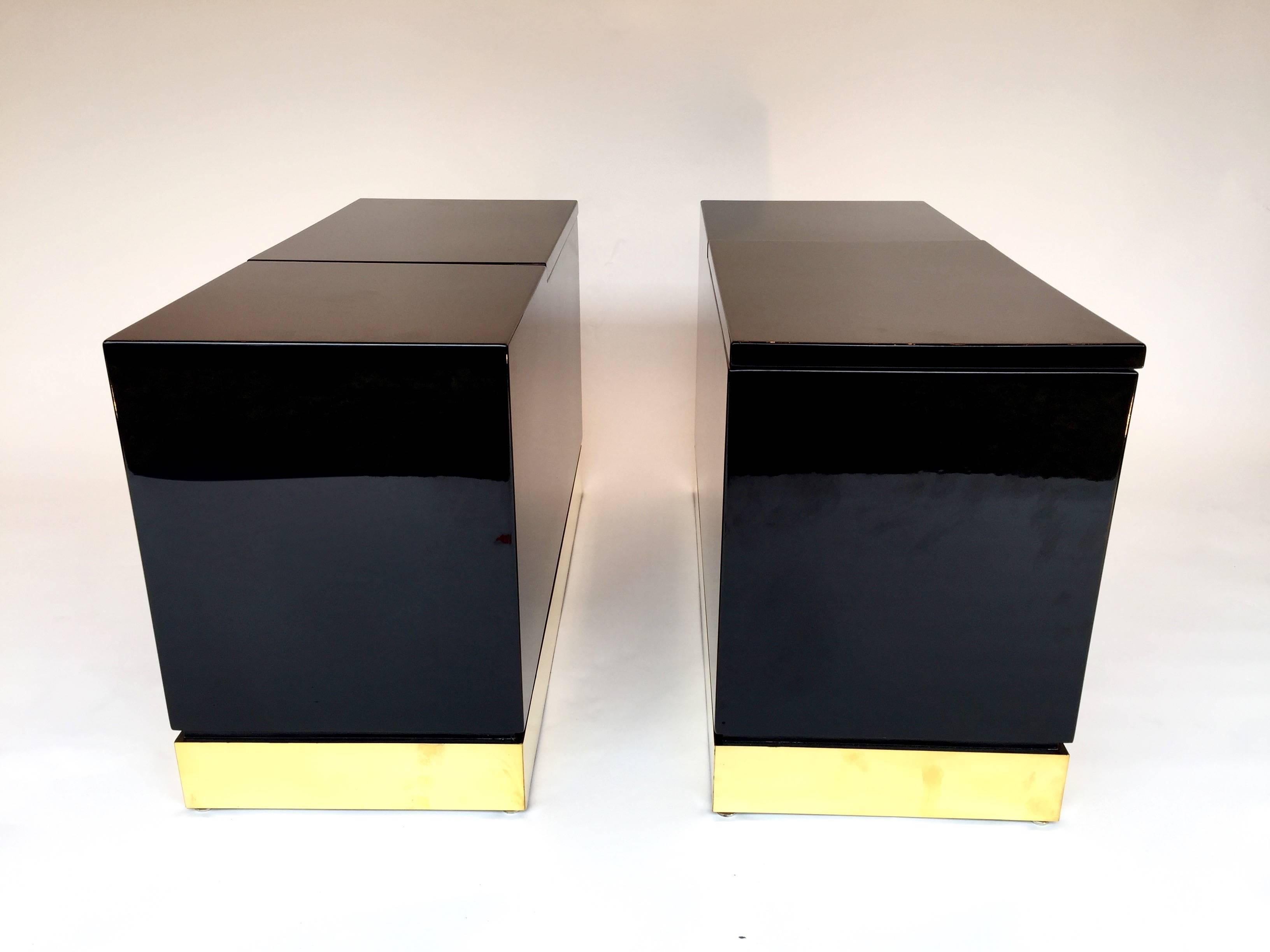 Brass Pair of Lacquered Side Tables Trunk by Jean Claude Mahey, France, 1970s