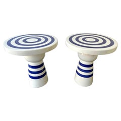 Contemporary Pair of Blue and White Ceramic Stripe Side Tables. Italy