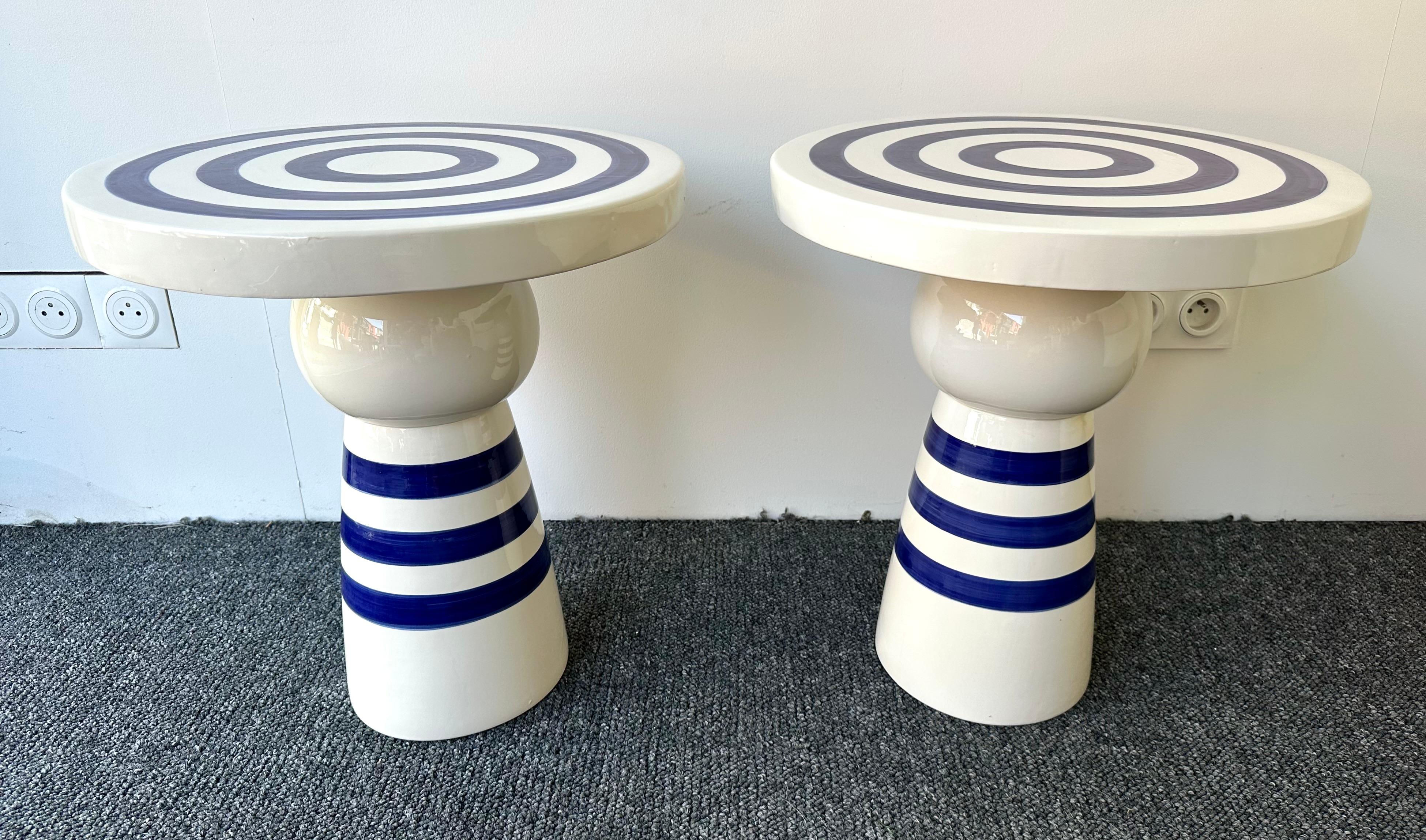Mid-Century Modern Contemporary Pair of Blue and White Ceramic Stripe Side Tables. Italy For Sale