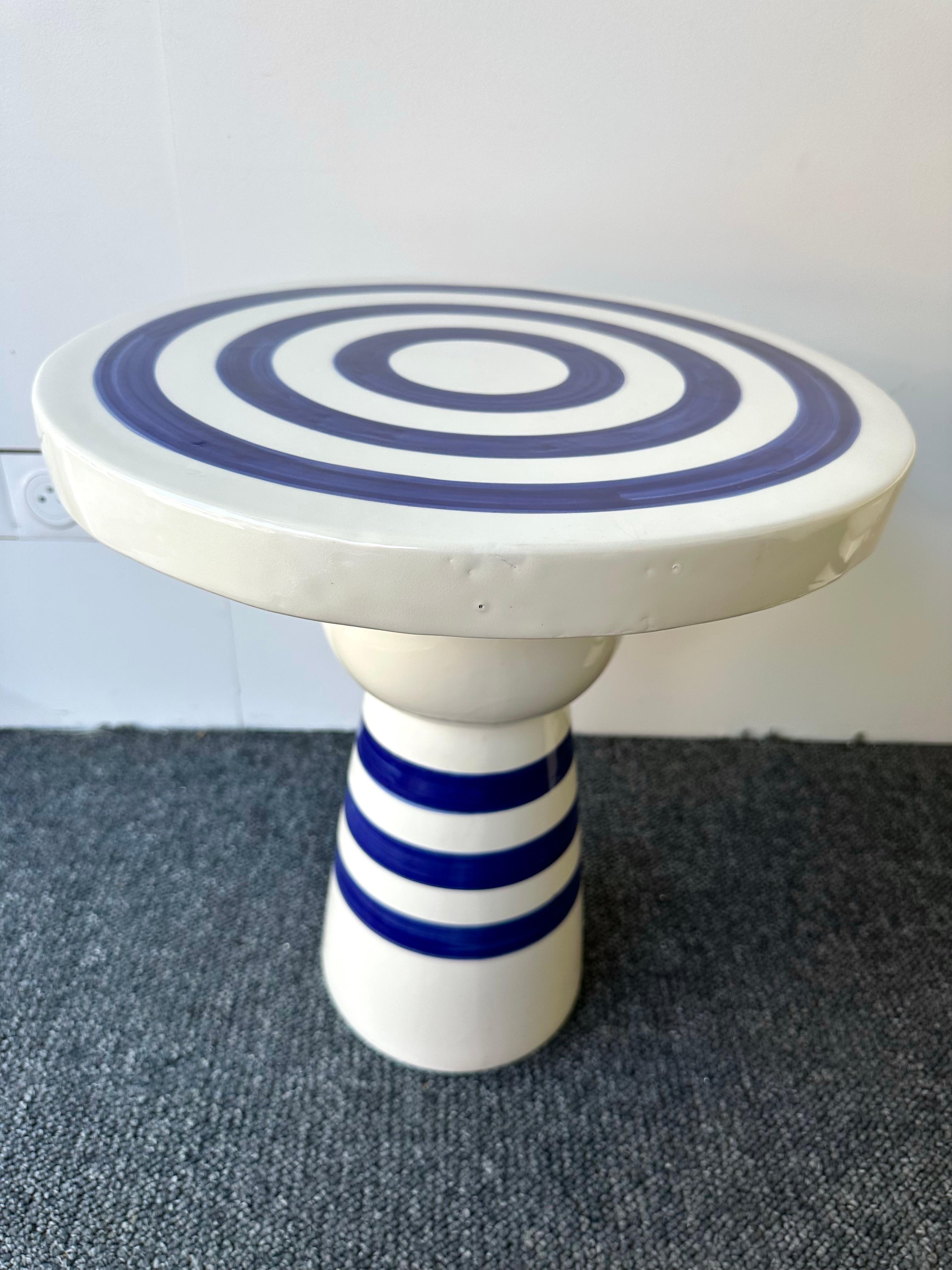 Contemporary Pair of Blue and White Ceramic Stripe Side Tables. Italy In Good Condition For Sale In SAINT-OUEN, FR