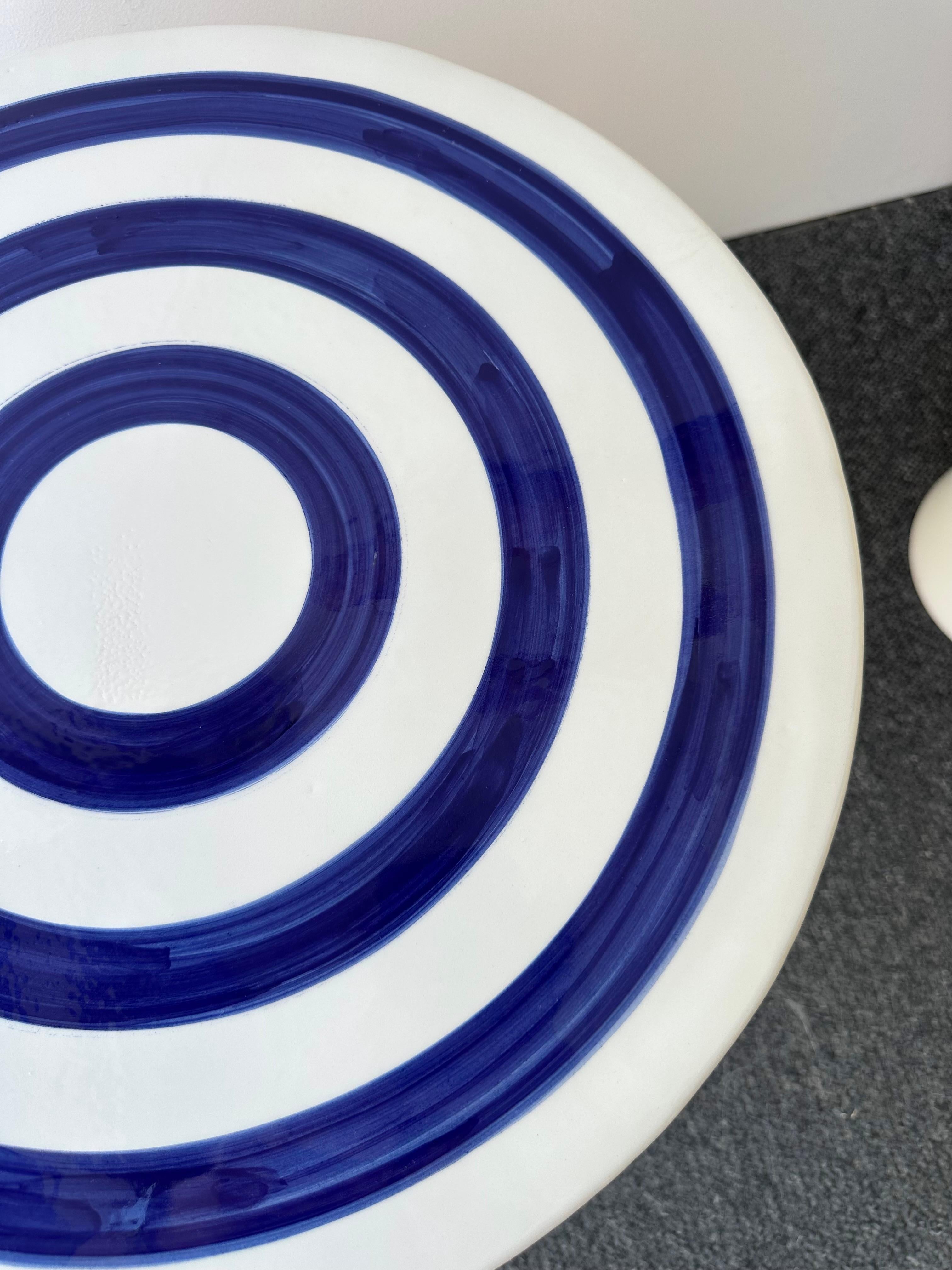 Contemporary Pair of Blue and White Ceramic Stripe Side Tables. Italy For Sale 2