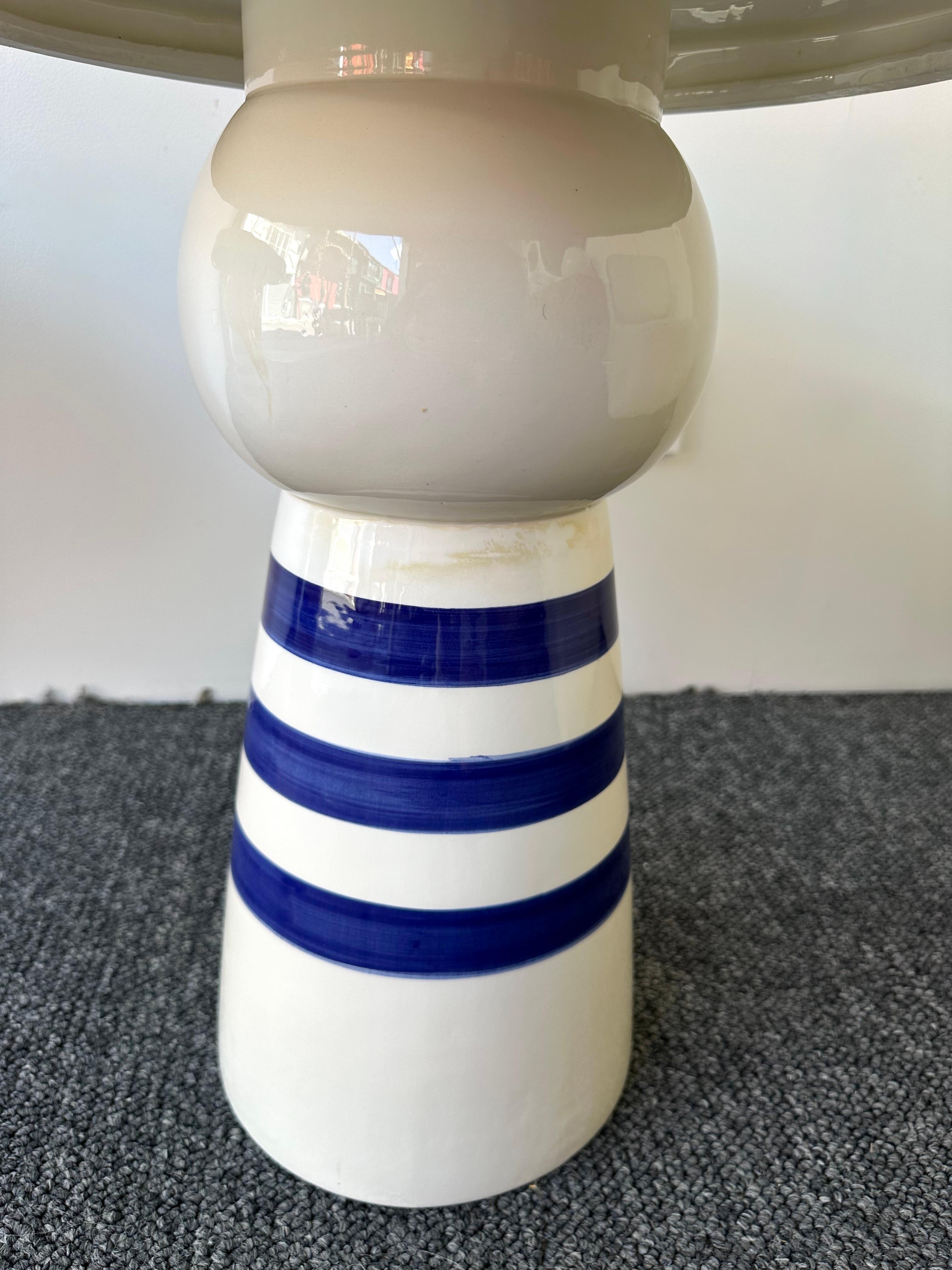 Contemporary Pair of Blue and White Ceramic Stripe Side Tables. Italy For Sale 1
