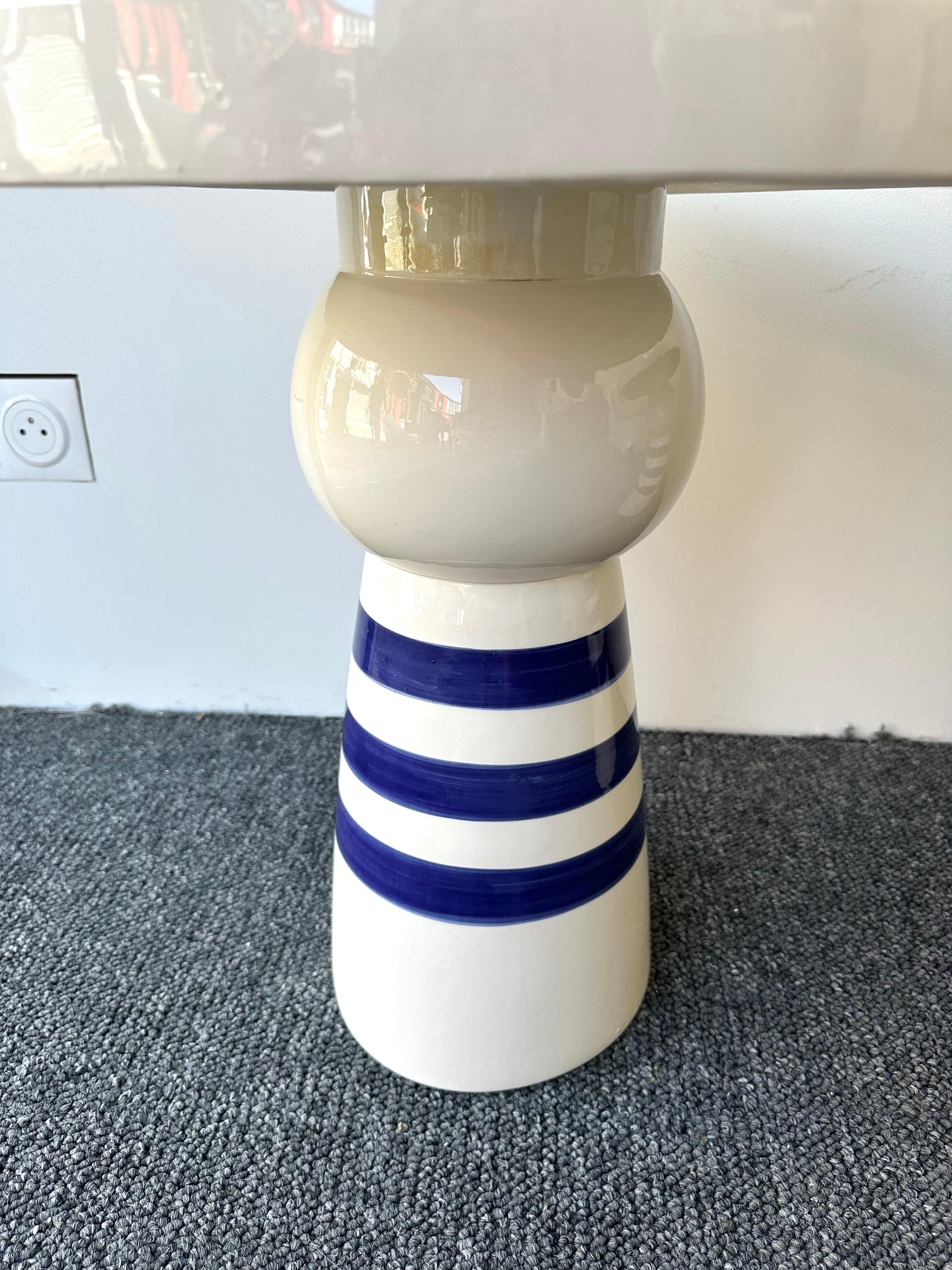 Italian Contemporary Pair of Blue and White Ceramic Stripe Side Tables. Italy For Sale