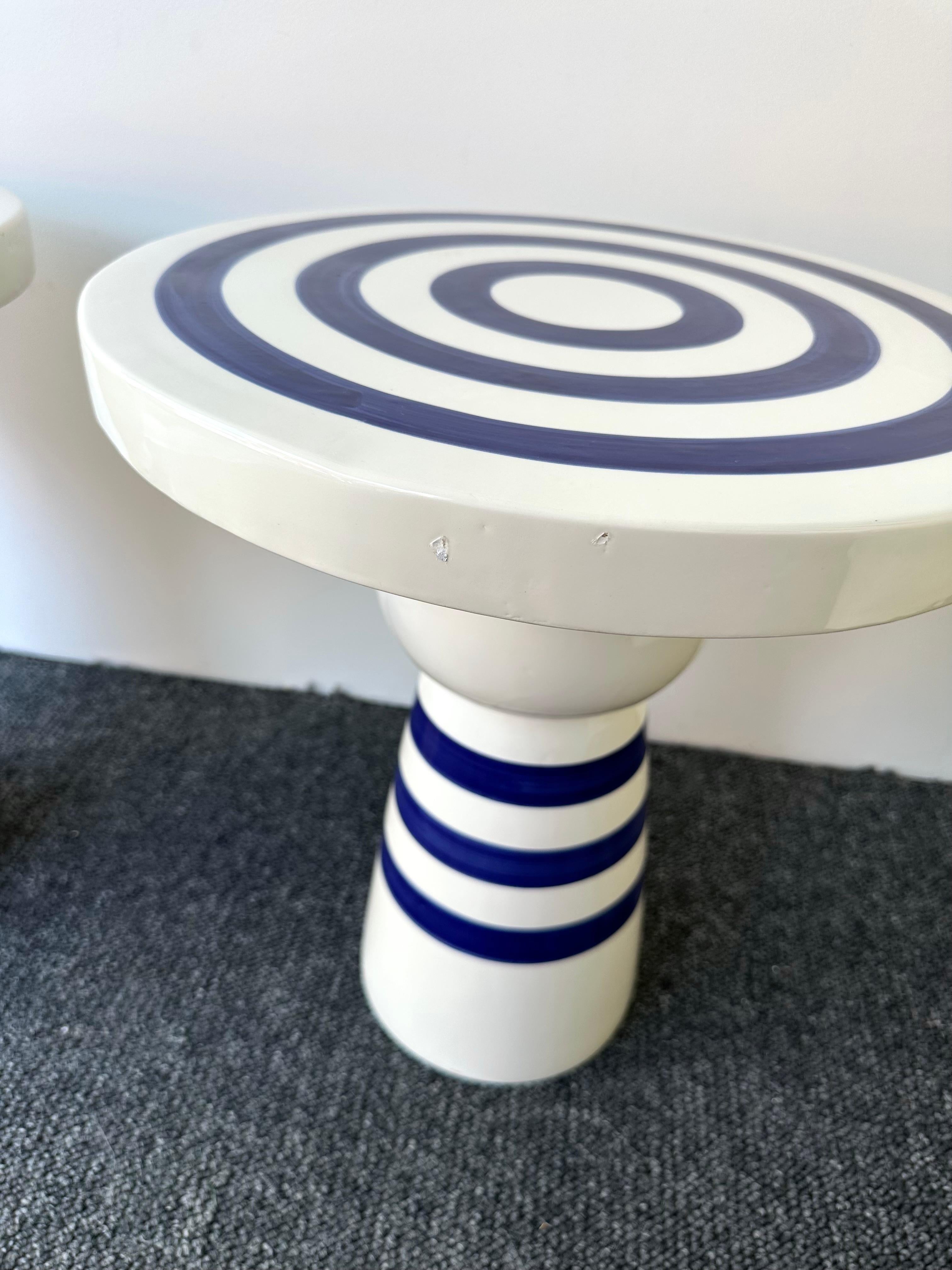 Contemporary Pair of Blue and White Ceramic Stripe Side Tables. Italy For Sale 8