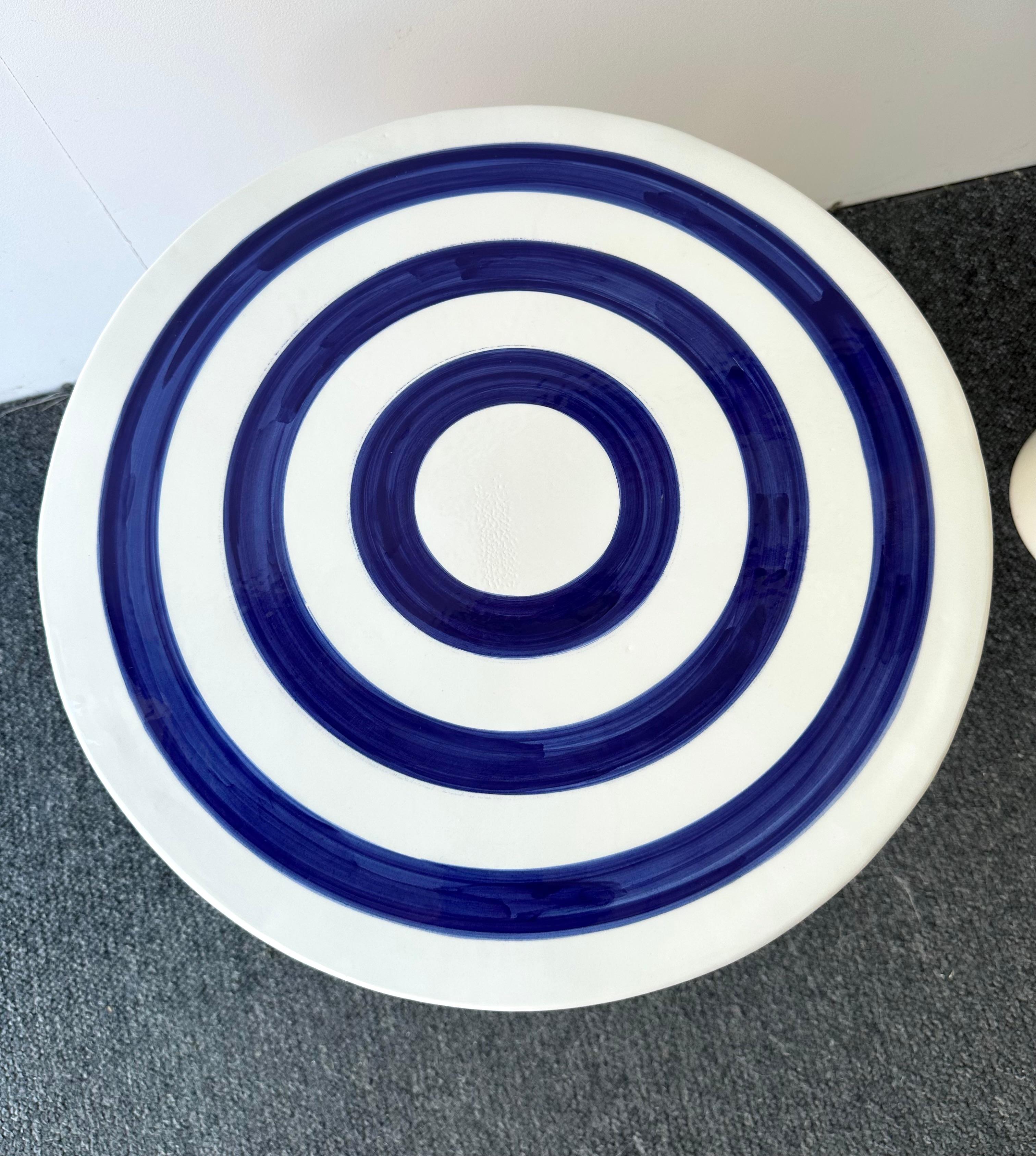 Contemporary Pair of Blue and White Ceramic Stripe Side Tables. Italy For Sale 3