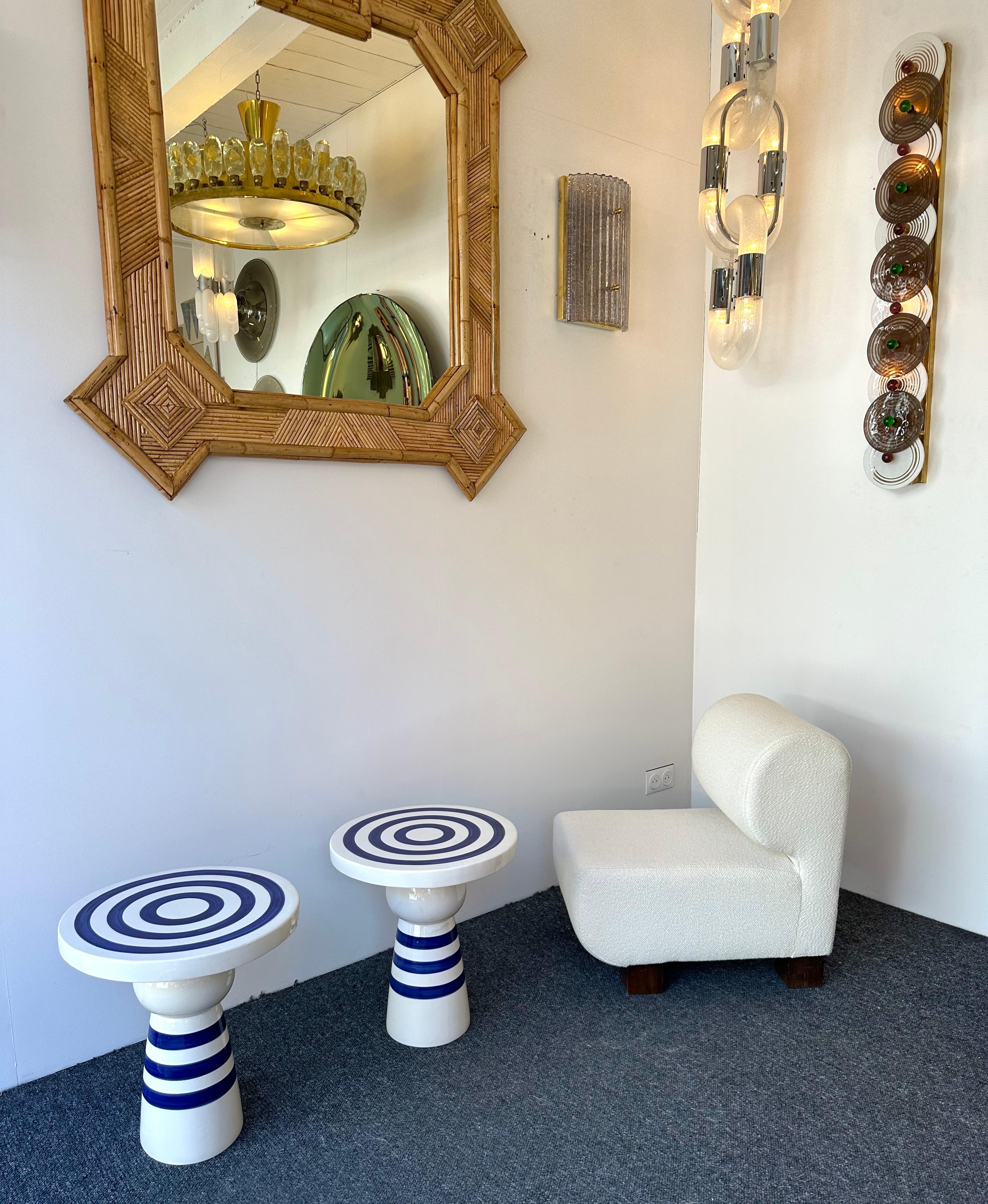 Contemporary Pair of Blue and White Ceramic Stripe Side Tables. Italy For Sale 4