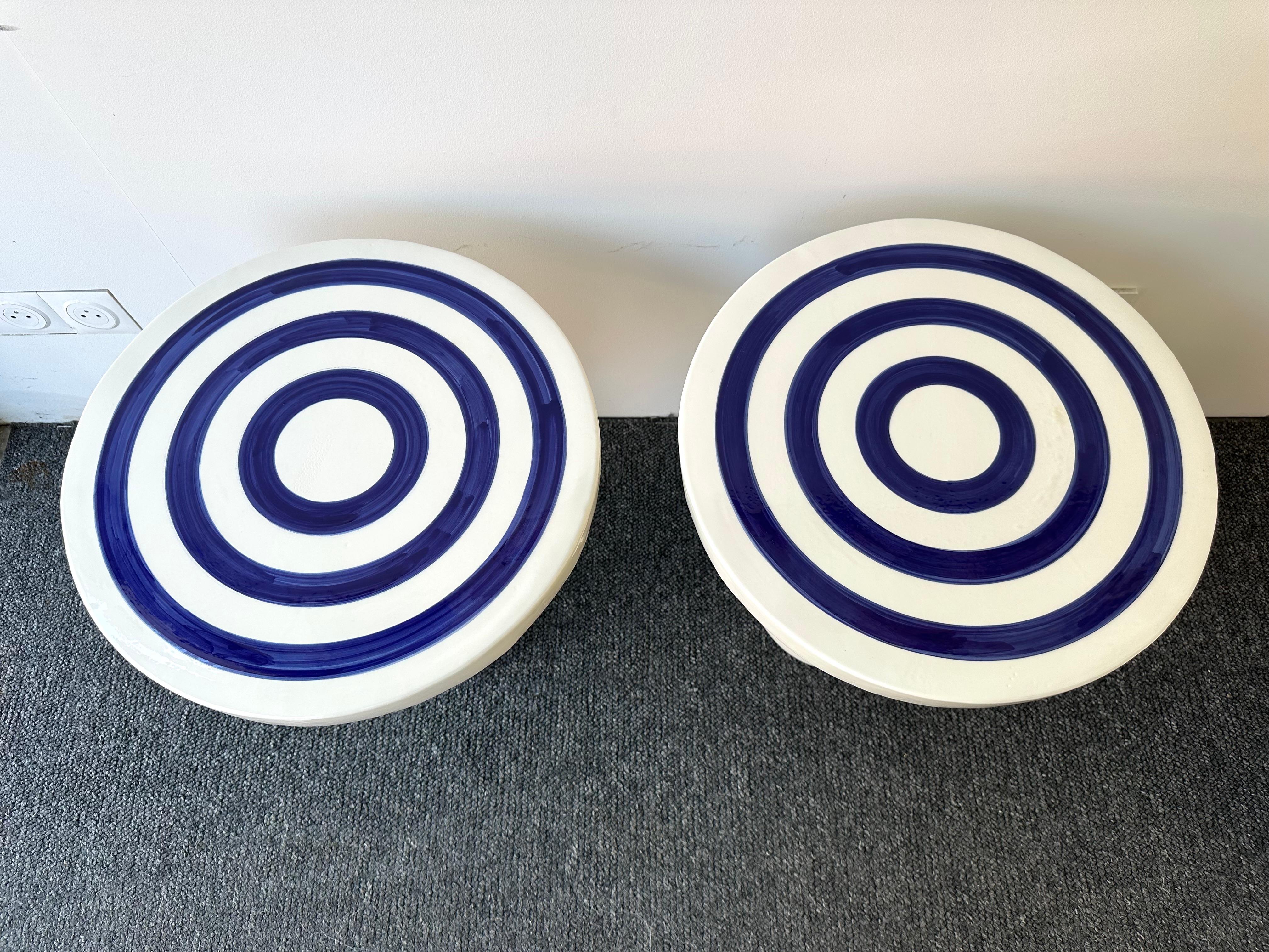 Contemporary Pair of Blue and White Ceramic Stripe Side Tables. Italy For Sale 5