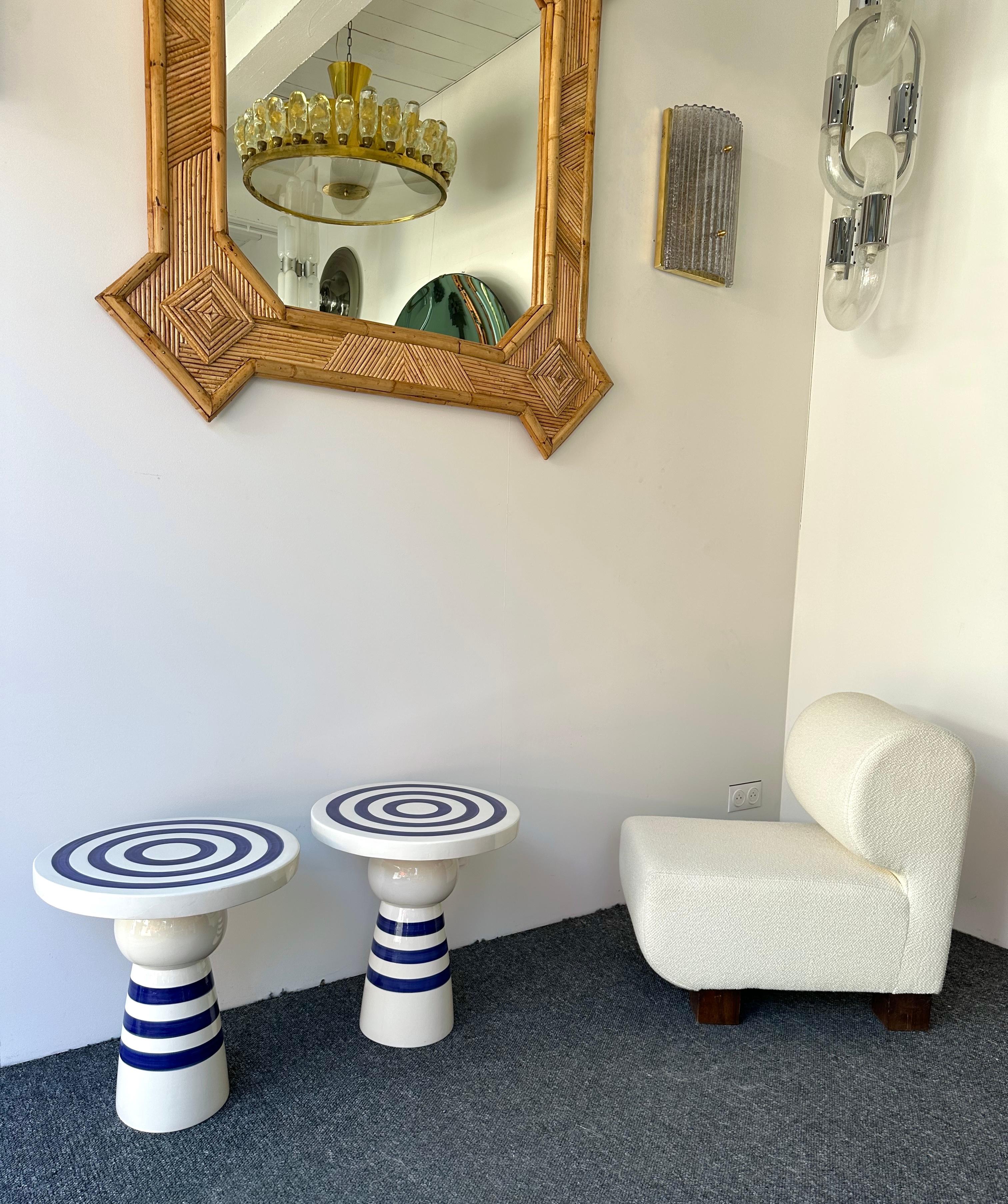 Contemporary Pair of Blue and White Ceramic Stripe Side Tables. Italy For Sale 7