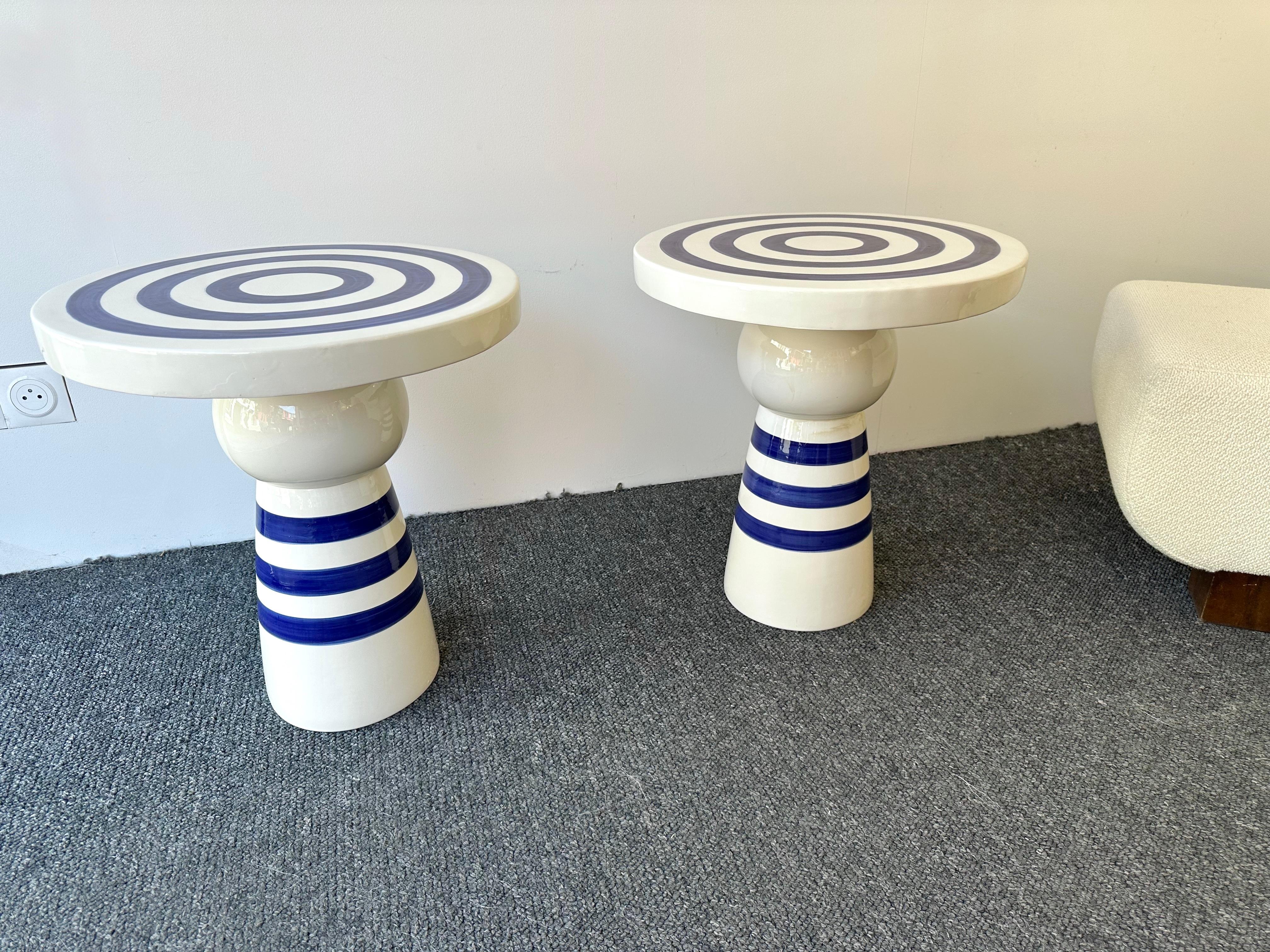 Contemporary Pair of Blue and White Ceramic Stripe Side Tables. Italy For Sale 6