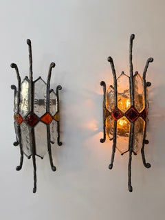 Pair of Hammered Glass Wrought Iron Sconces by Longobard, Italy, 1970s