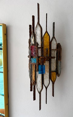 Hammered Glass Wrought Iron Sconce by Longobard, Italy, 1970s