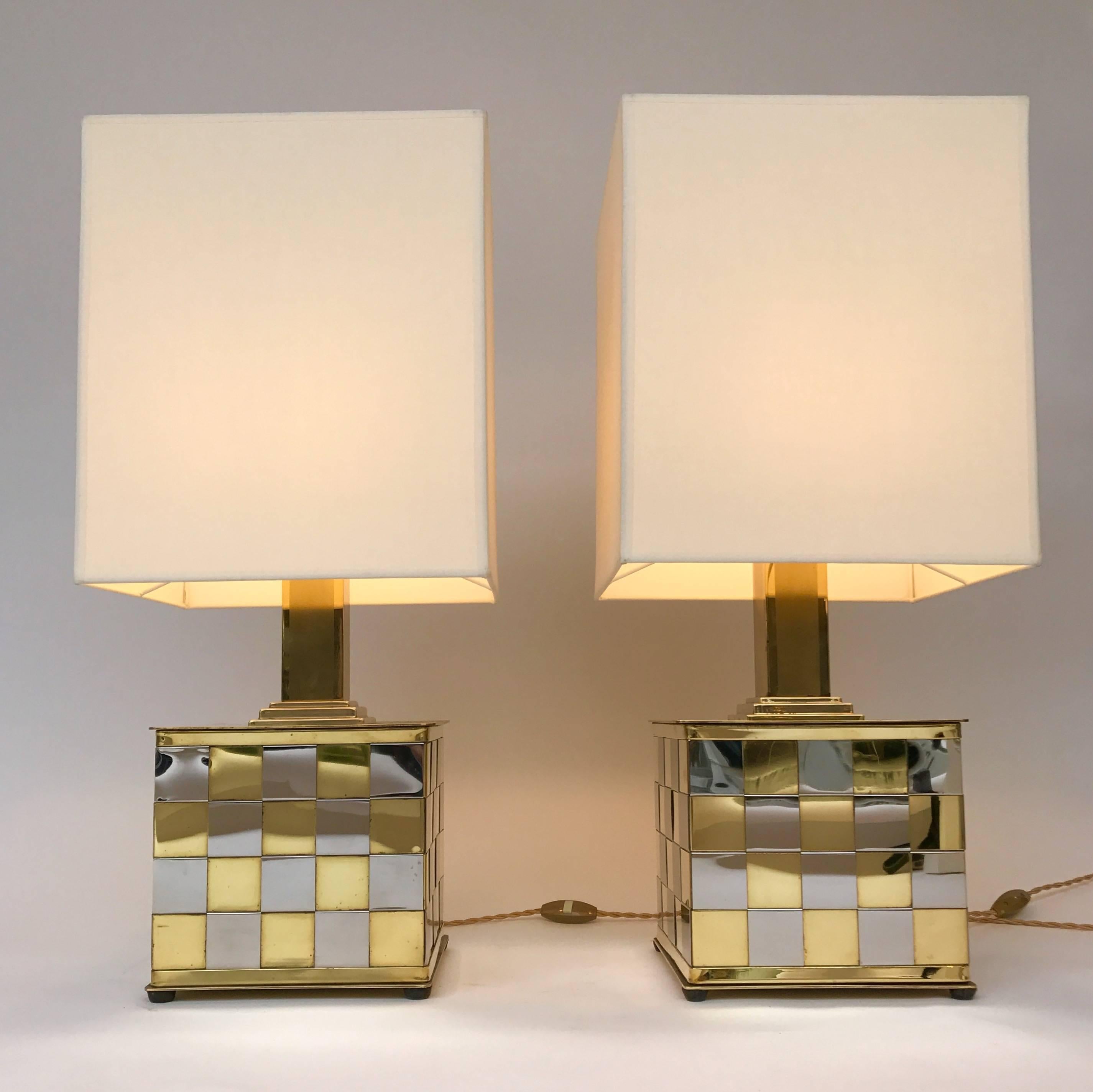 Pair of table or bedside lamps by gioielleria Stefano Bono Spadafora. Brass and metal chrome braid. Original stamp under. Rewired, perfect lampshade. In the manner of Romeo Rega, Willy Rizzo, Gaetano Sciolari.