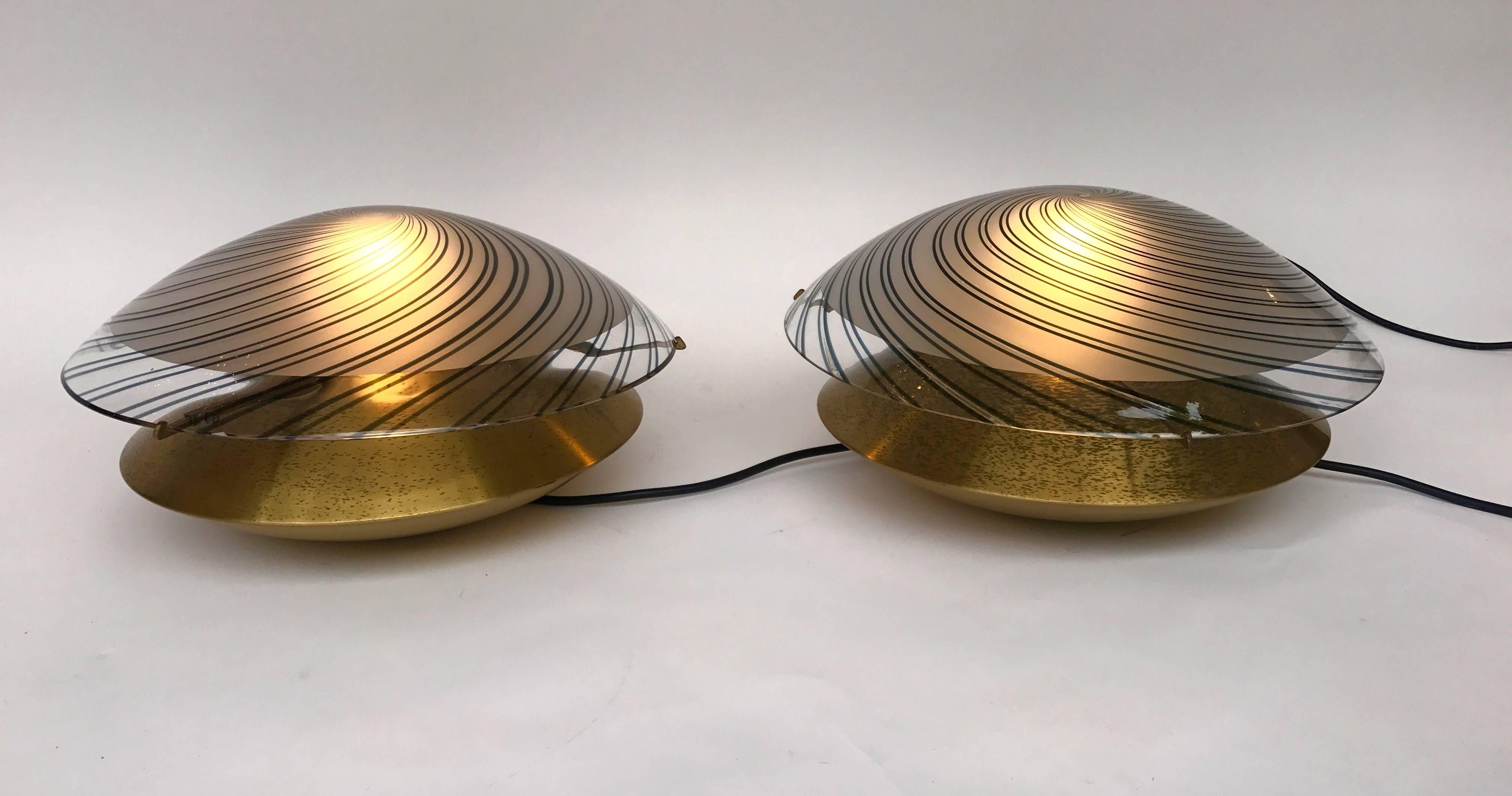 Space Age Pair of Lamps Brass and Murano Glass by Esperia, Italy, 1970s