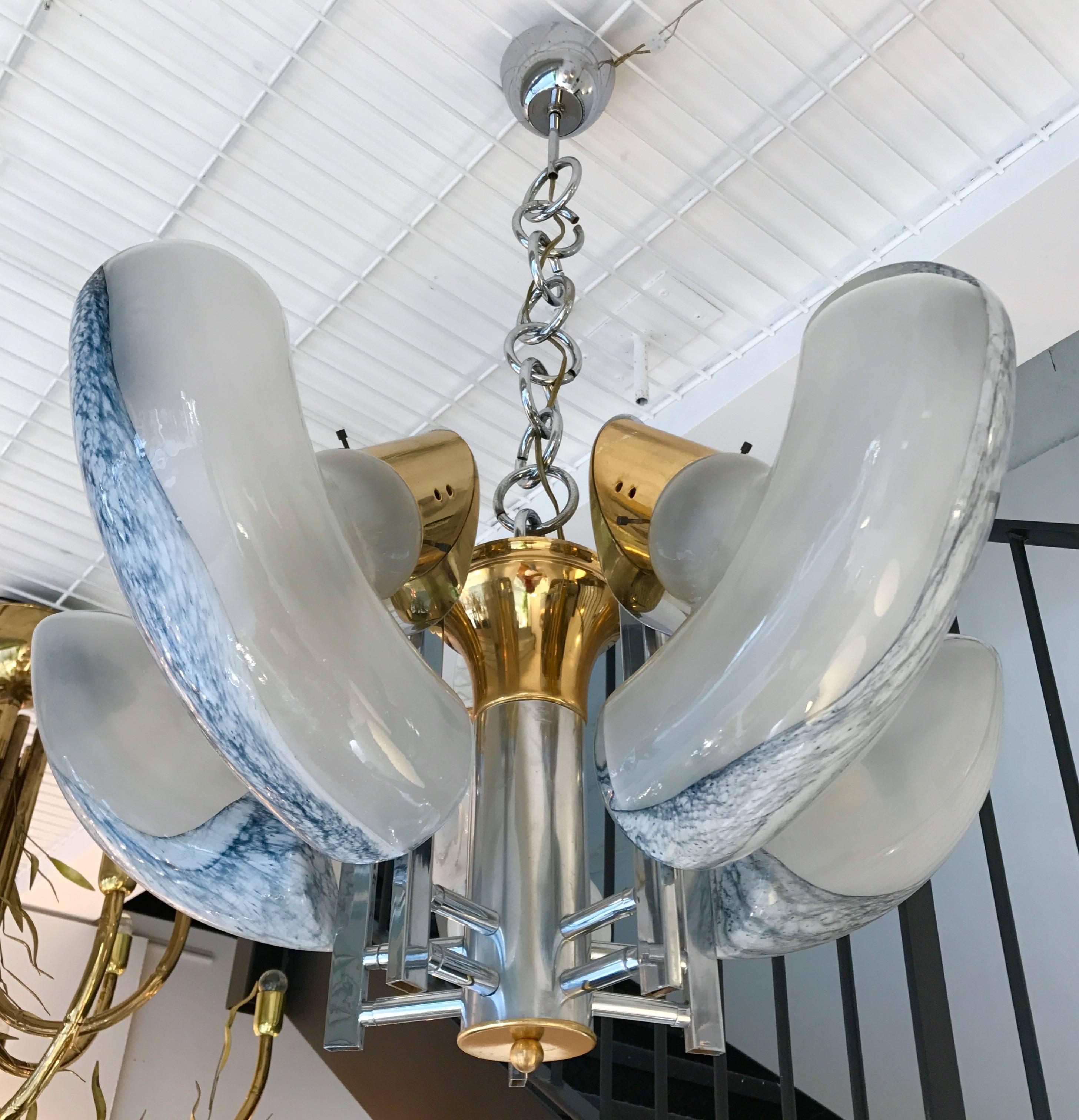 Rare version of chandelier or ceiling pendant light by Aldo Nason for the editor Mazzega Murano. unusual Blue blown glass for the manufacture, chrome and brass structure. Famous manufacture like Carlo Nason, Poliarte, Venini, Vistosi, Sciolari.