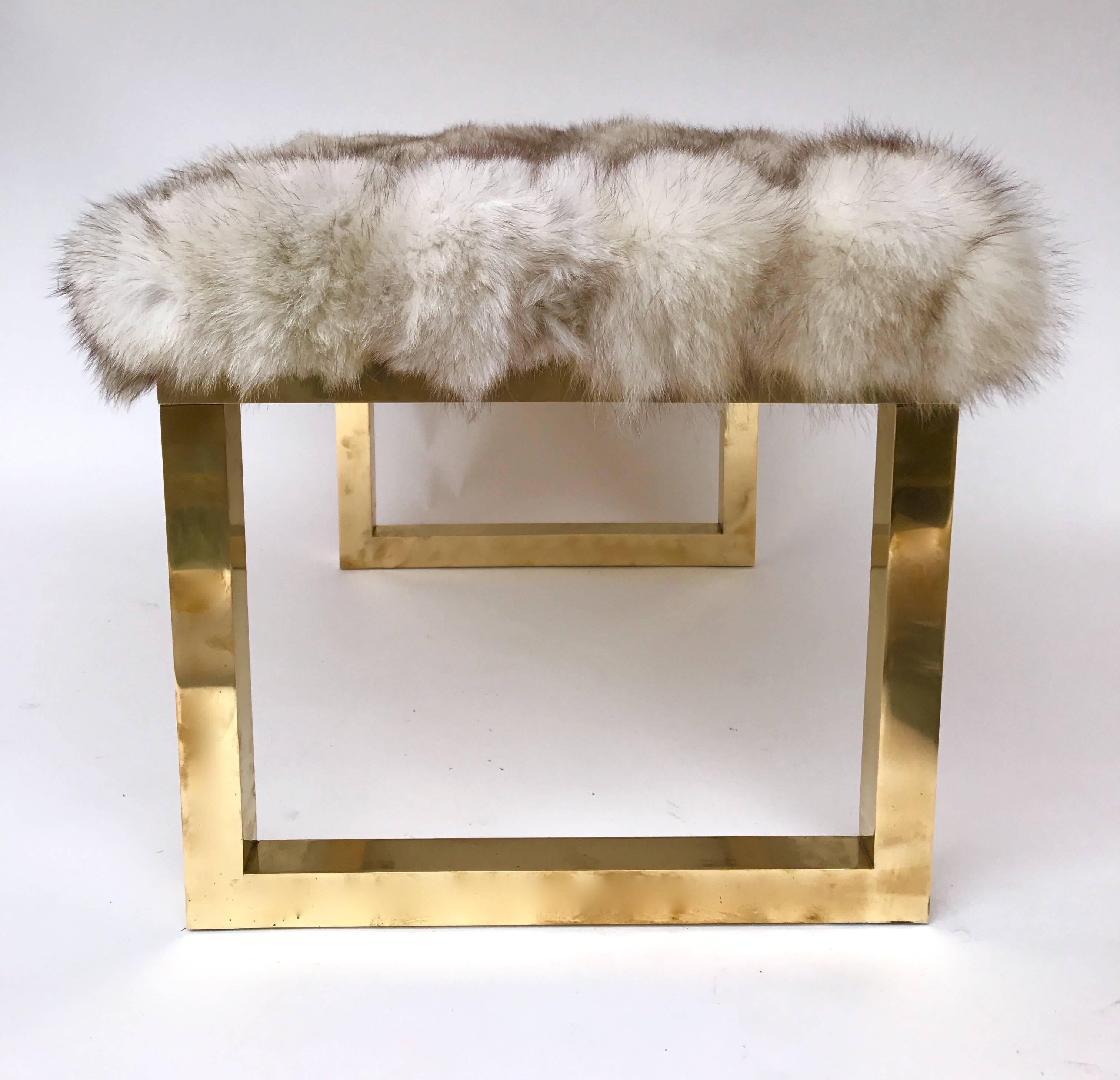 Pair of Contemporary Poufs Stools Brass and Silver Wolf, Italy 1
