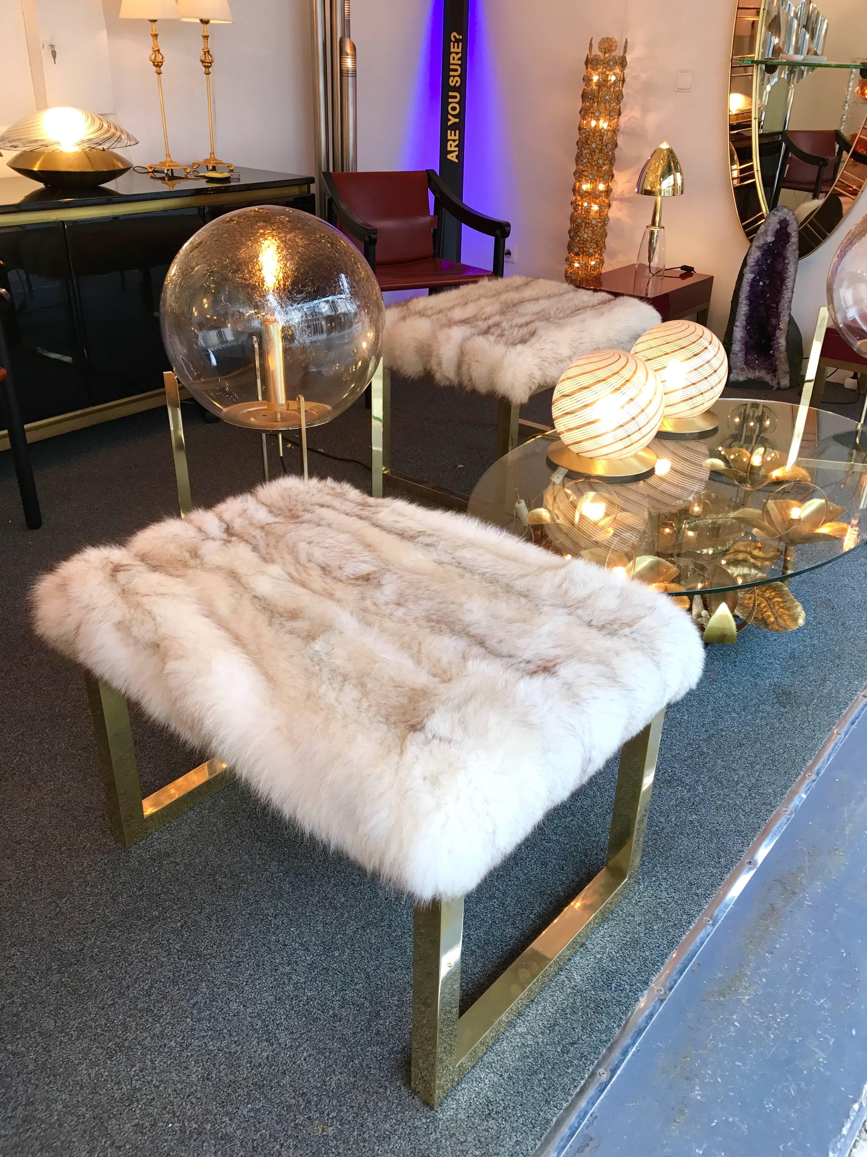 Pair of Contemporary Poufs Stools Brass and Silver Wolf, Italy In Excellent Condition In SAINT-OUEN, FR