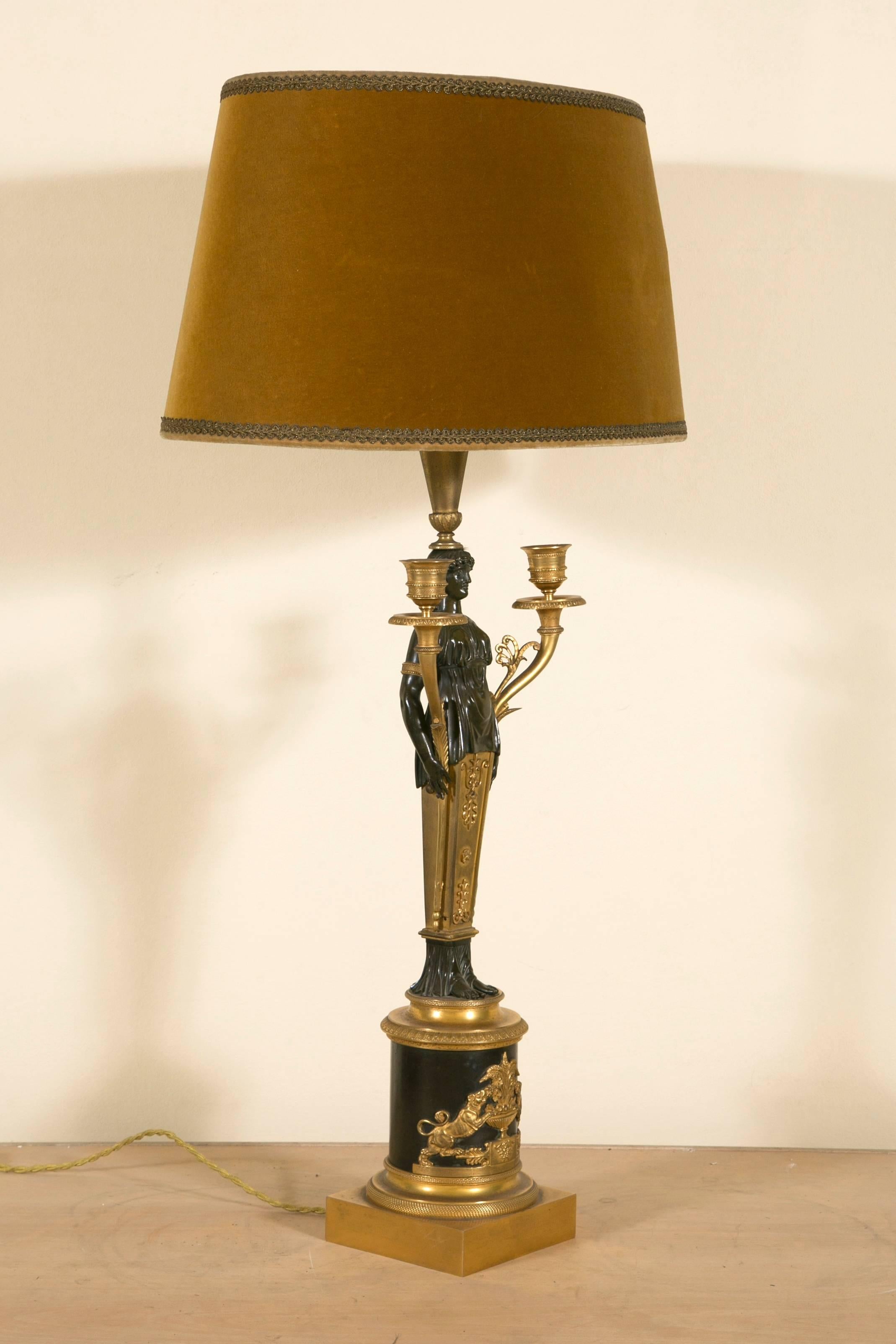 French Empire Table Lamp in Gilt and Patinated Bronze 1