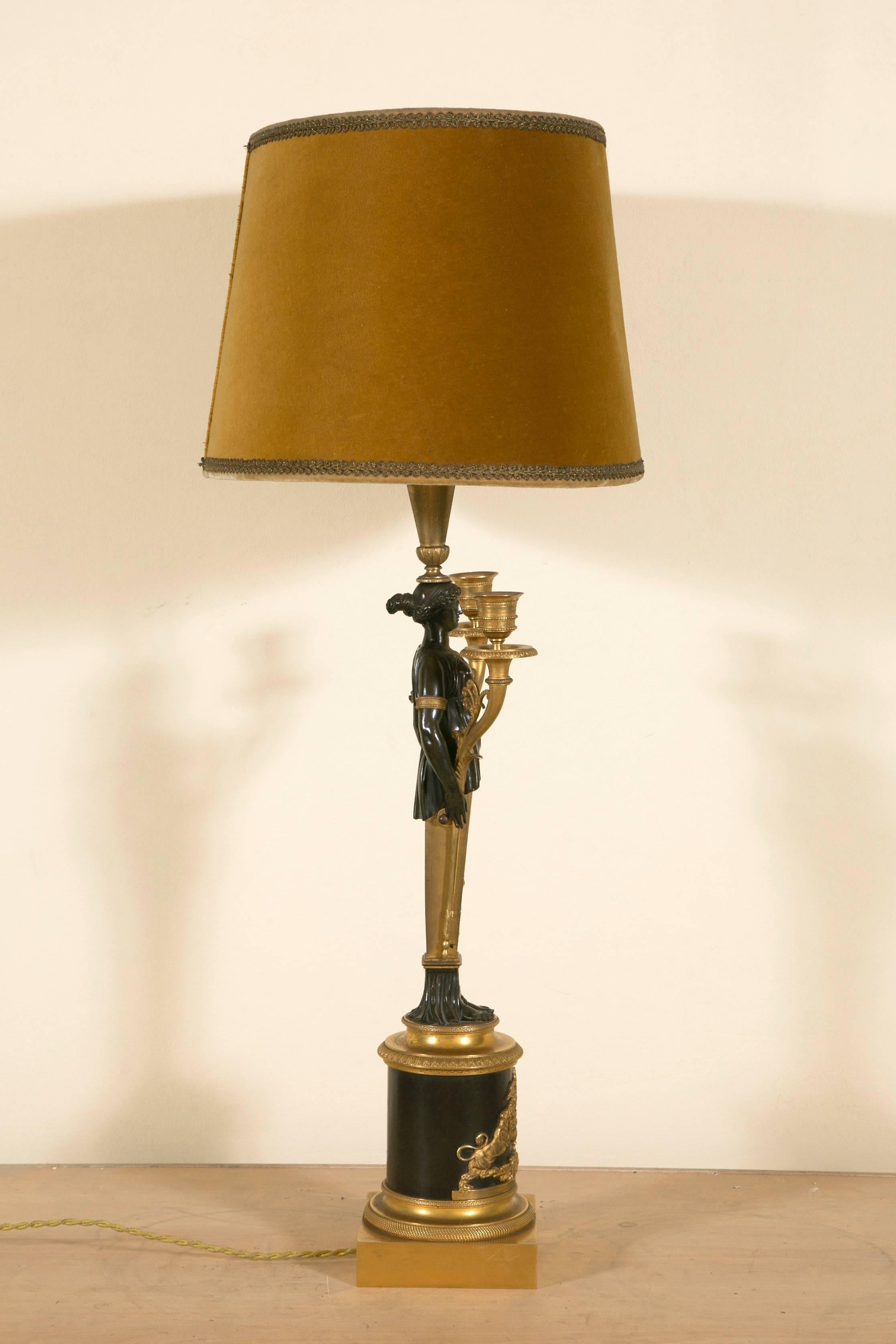 French Empire Table Lamp in Gilt and Patinated Bronze 3
