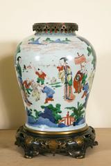 Pair of 17th Century Chinese Wucai Porcelain and Bronze Vases or Table Lamps