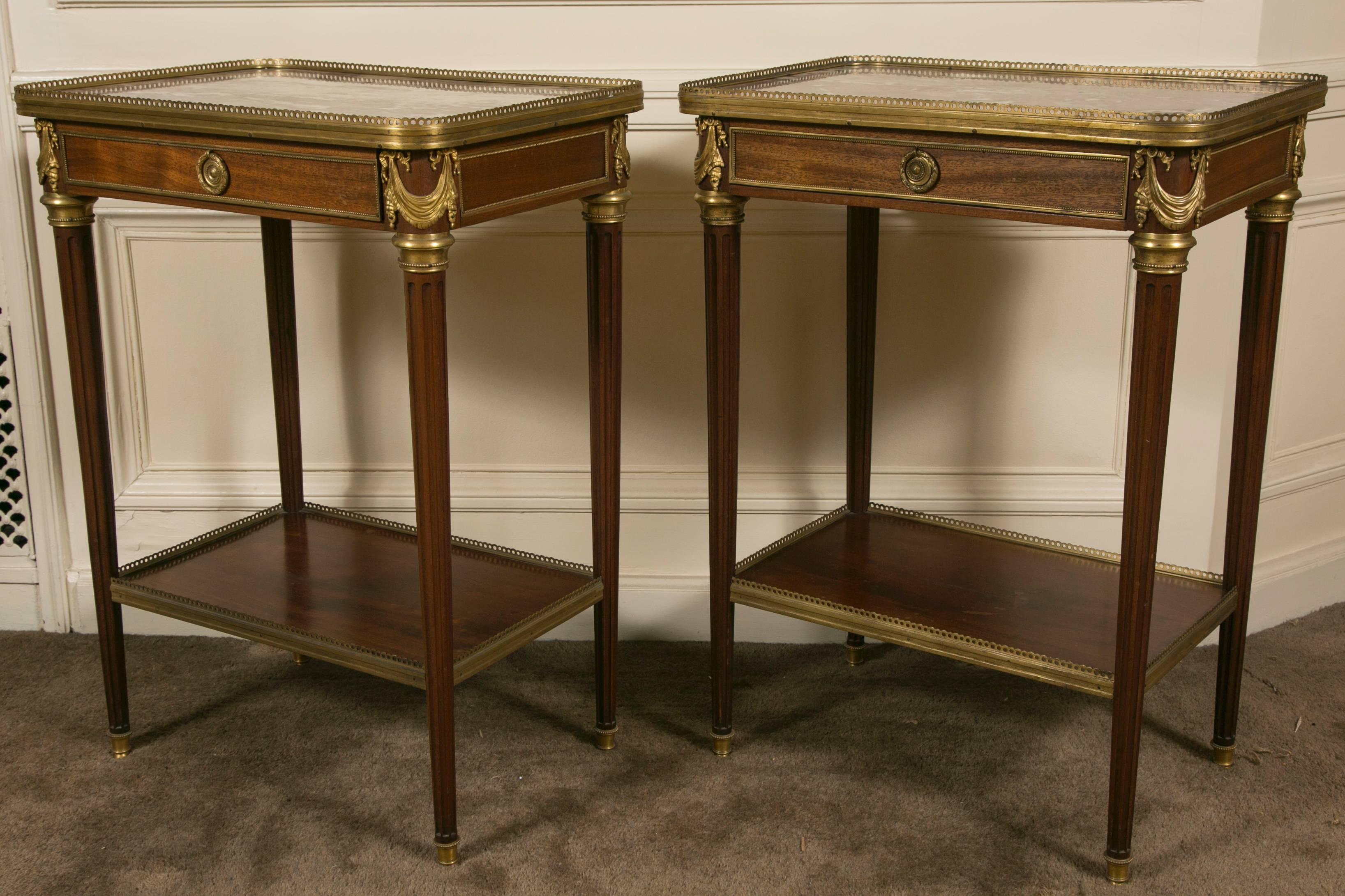 Louis XVI Pair of 19th Century Mahogany Marble-Top and Ormolu Side Tables