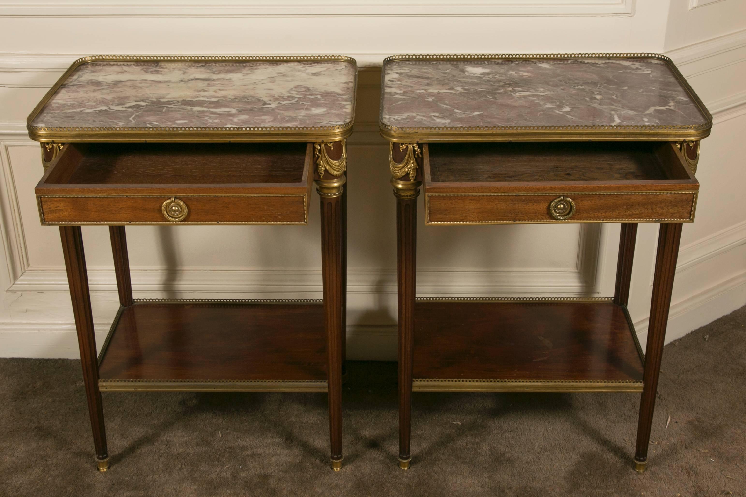 French Pair of 19th Century Mahogany Marble-Top and Ormolu Side Tables