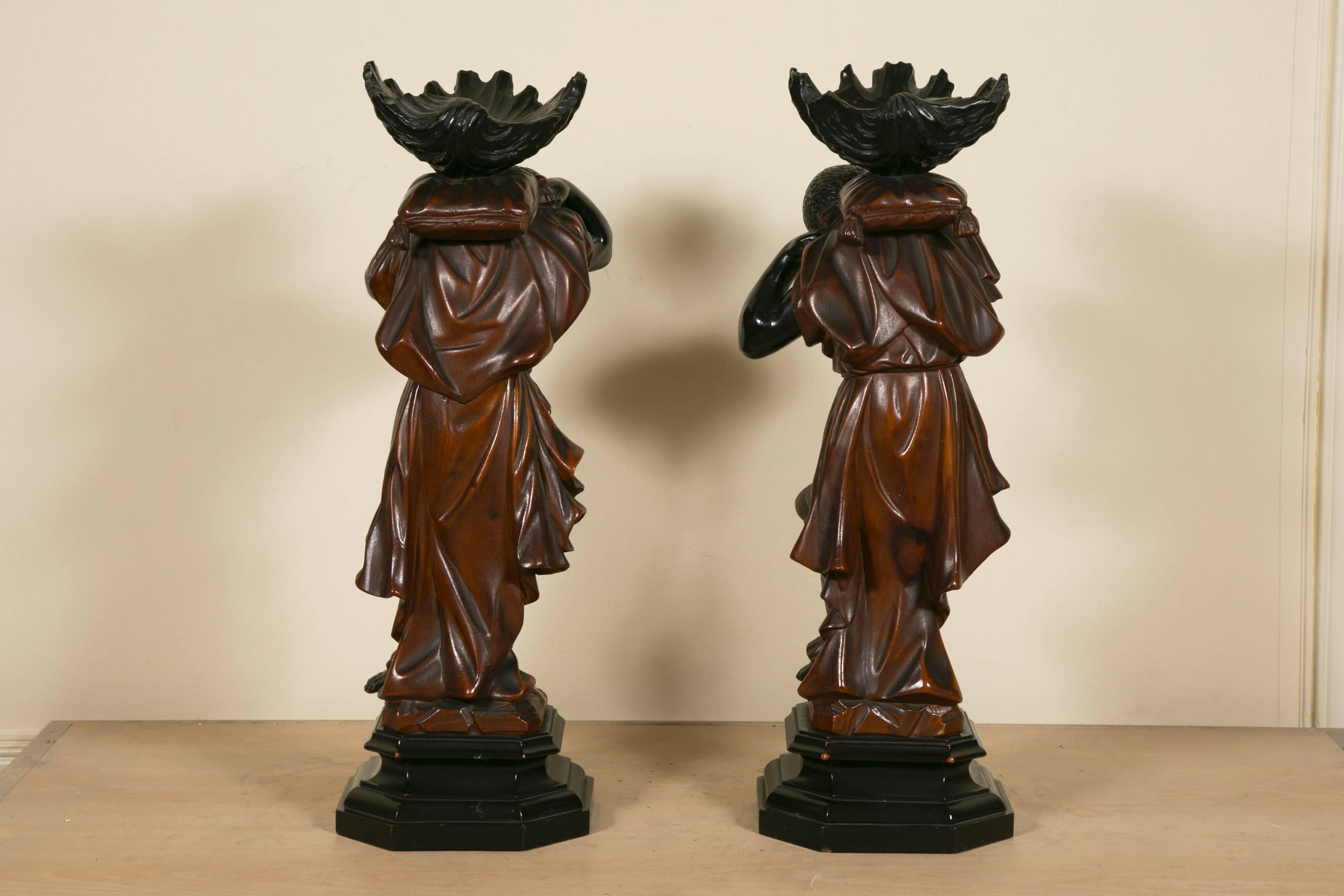 Victorian Pair of 19th Century Carved and Lacquered Wood Figure Ring Holder