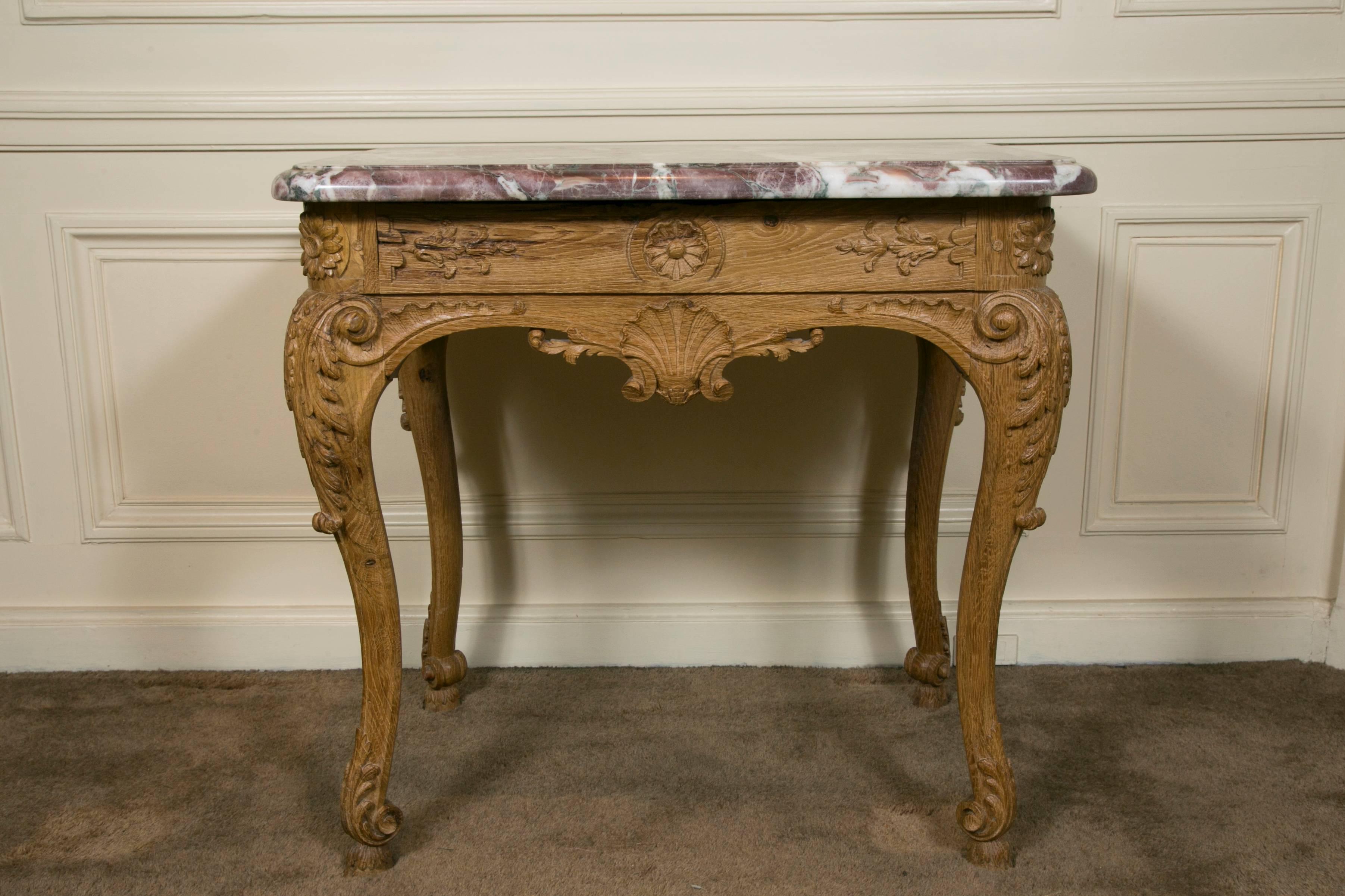 Carved Pair of 19th Century French Regence Style Oak Marble-Top End Tables For Sale