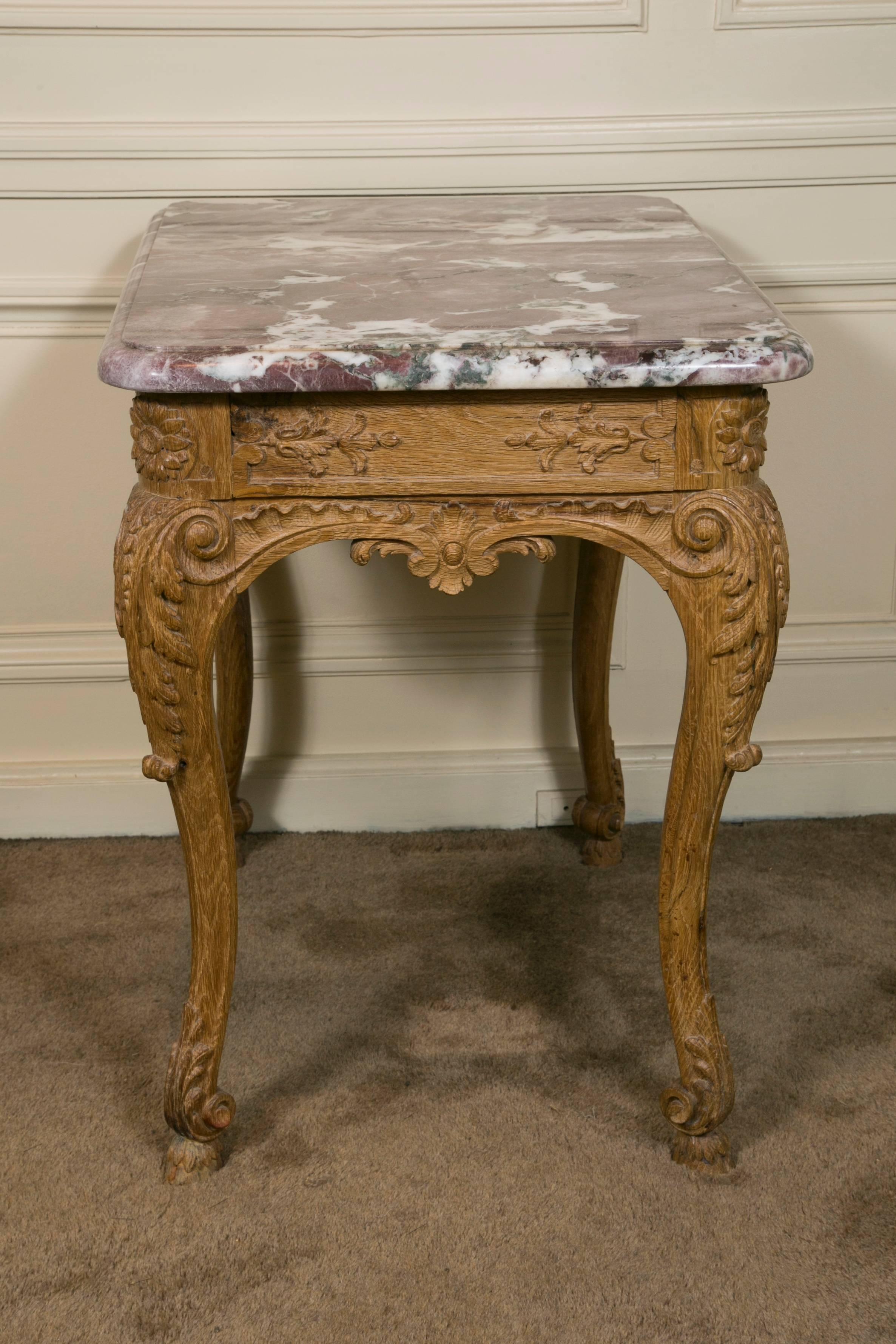 Pair of 19th Century French Regence Style Oak Marble-Top End Tables For Sale 3