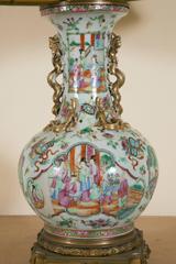 19th Century Cantonese Polychromed Porcelain Lamp Monted on Gilt Bronze Base