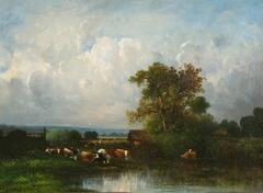 "Cow Herd by a Pond" Oil on Canvas Signed Victor Dupré, 1896 Barbizon School