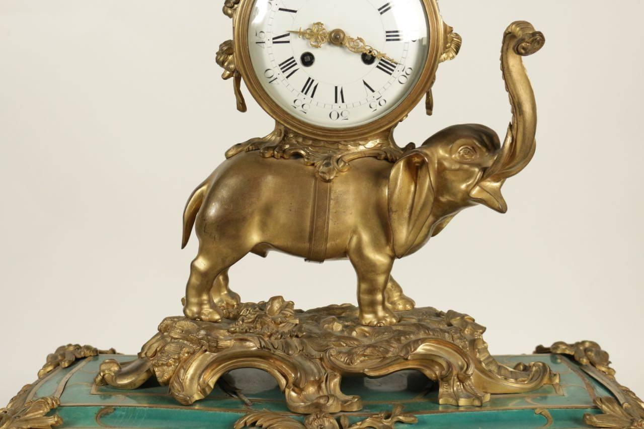 Louis XV Palatial Clock Elephant with a Chinese Man Sitting on, Green Base and Ormoulu