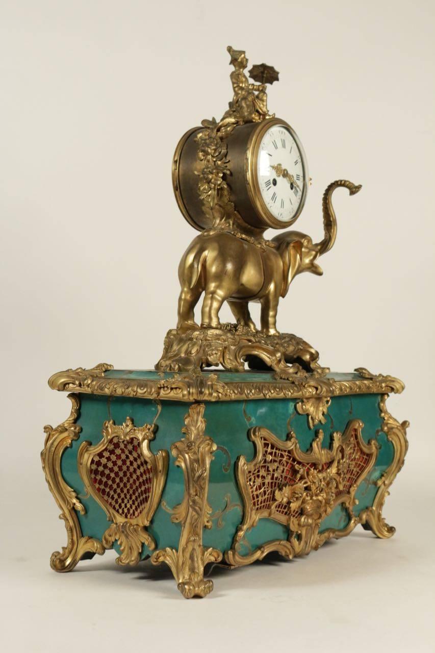 19th Century Palatial Clock Elephant with a Chinese Man Sitting on, Green Base and Ormoulu