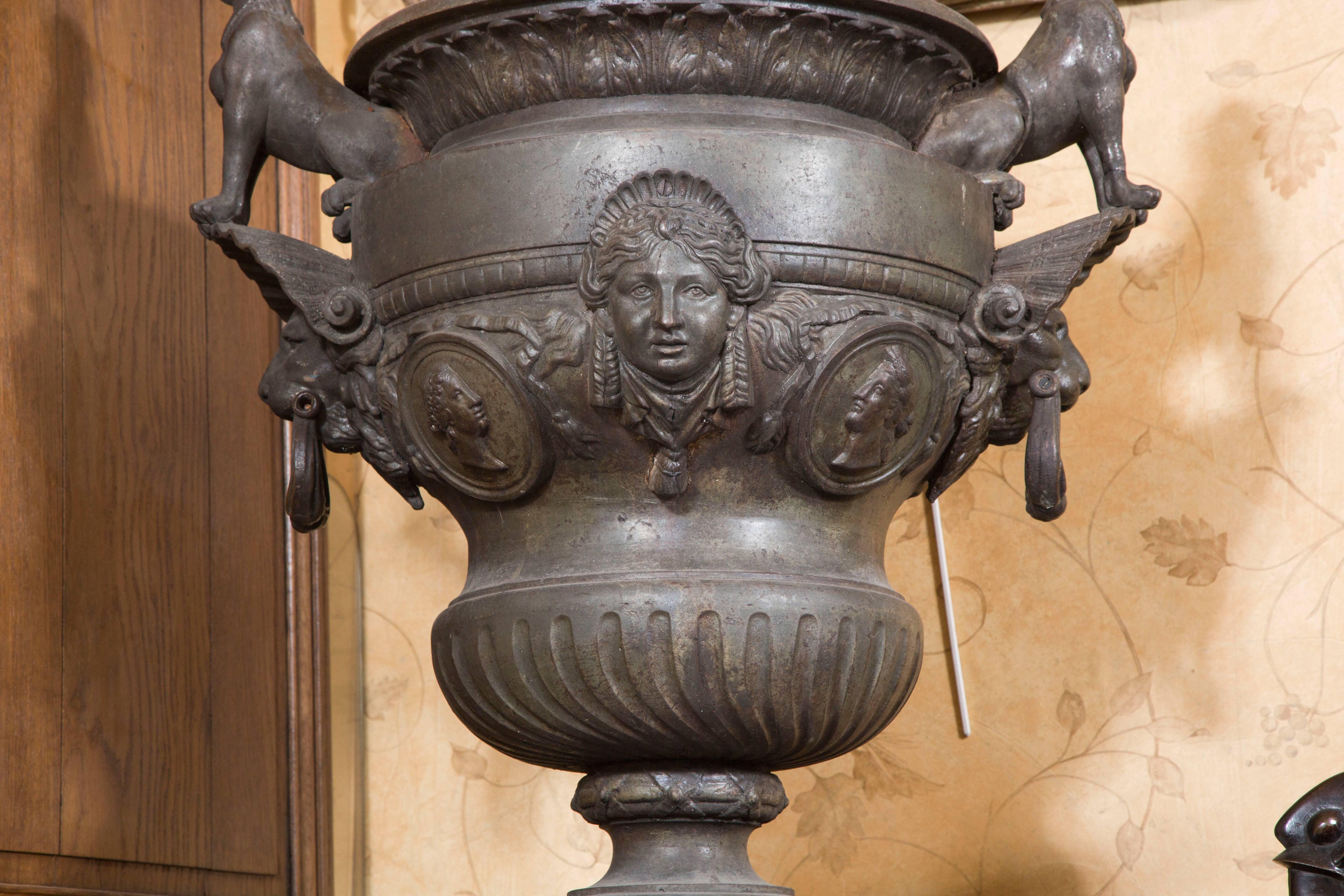 Classical Roman Iron Ornamental Bowl on Base Frieze Deeply Gadrooned Sphinges and Lions Handles