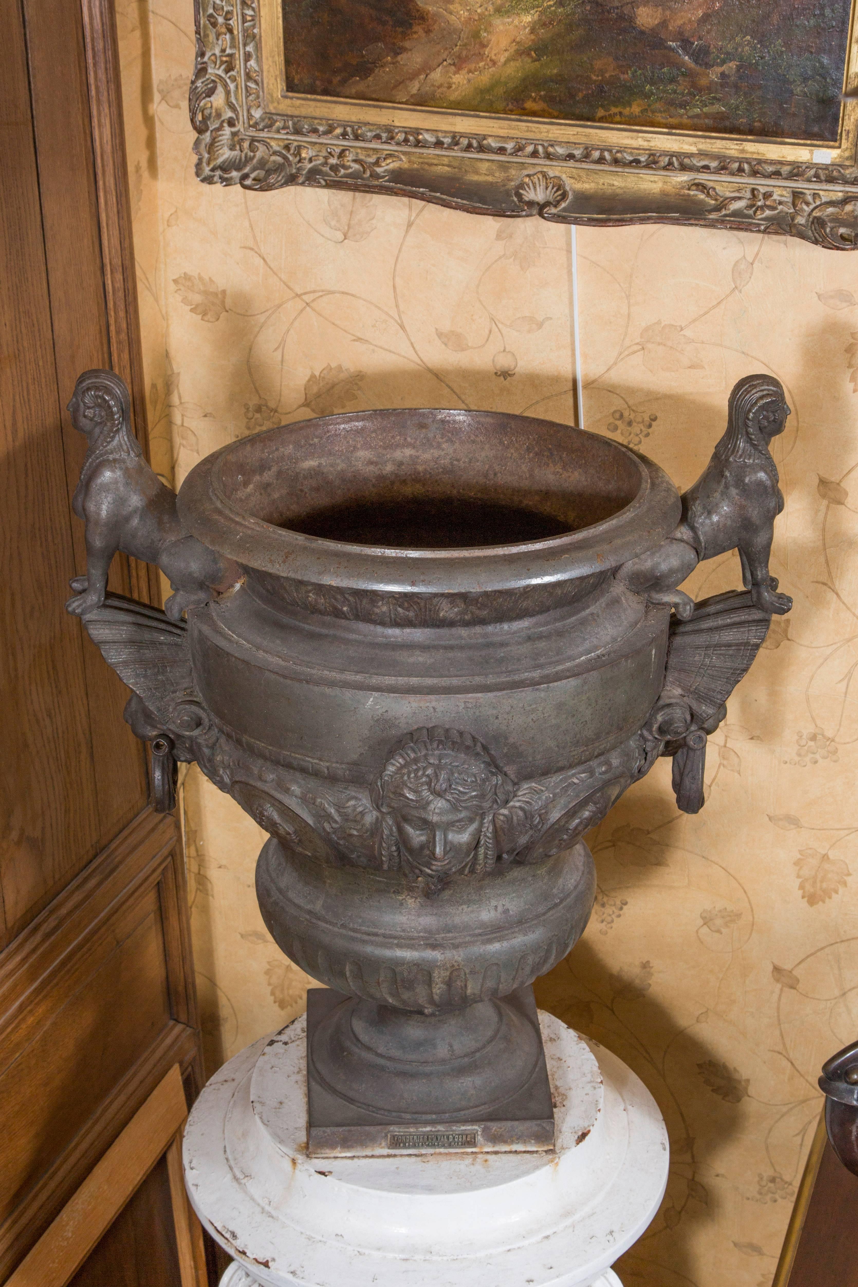 20th Century Iron Ornamental Bowl on Base Frieze Deeply Gadrooned Sphinges and Lions Handles