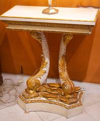 Pair of Lacquered Gilded Dolphin Consoles Tables White Marble Top, 19th Century
