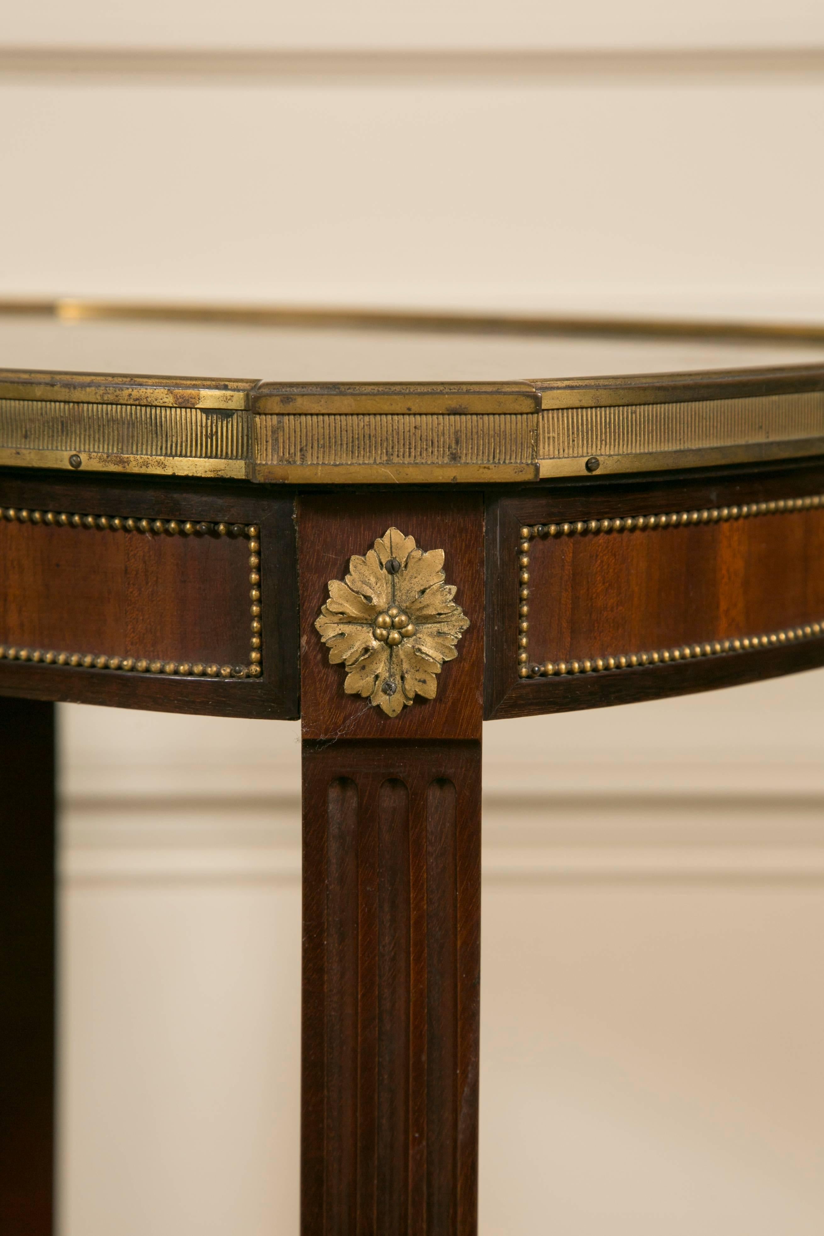 French 19th Century LXV Style Mahogany Satinwood, Gilt Bronze and Marble Top Side Table For Sale