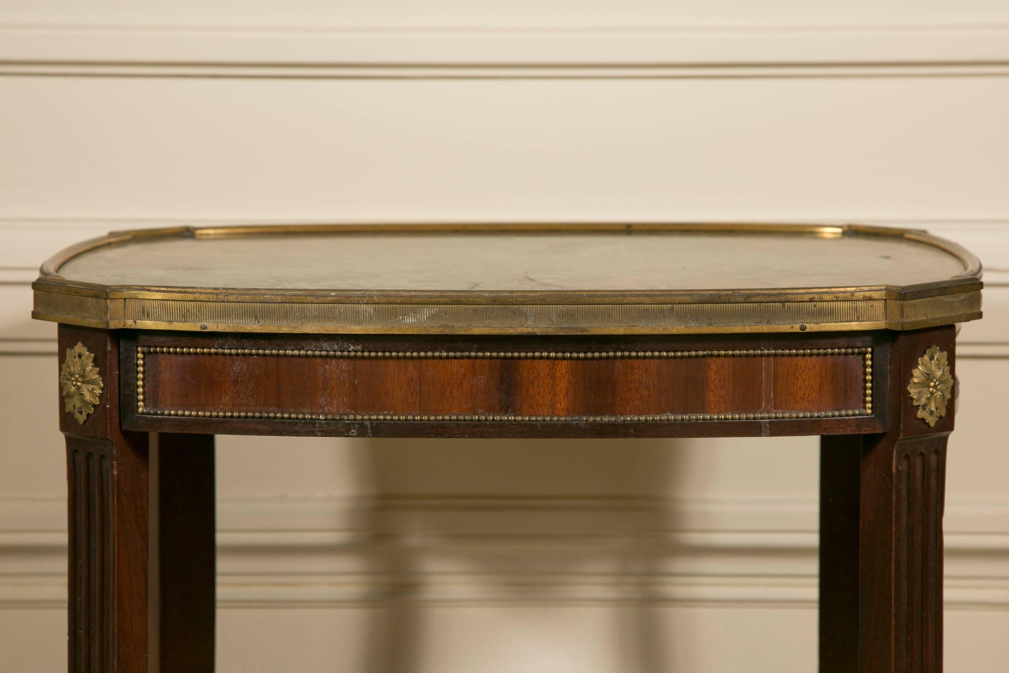 19th Century LXV Style Mahogany Satinwood, Gilt Bronze and Marble Top Side Table For Sale 1