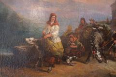 Very Large 19th Century Oil on Canvas "Farmer Family Leaving Their Village"