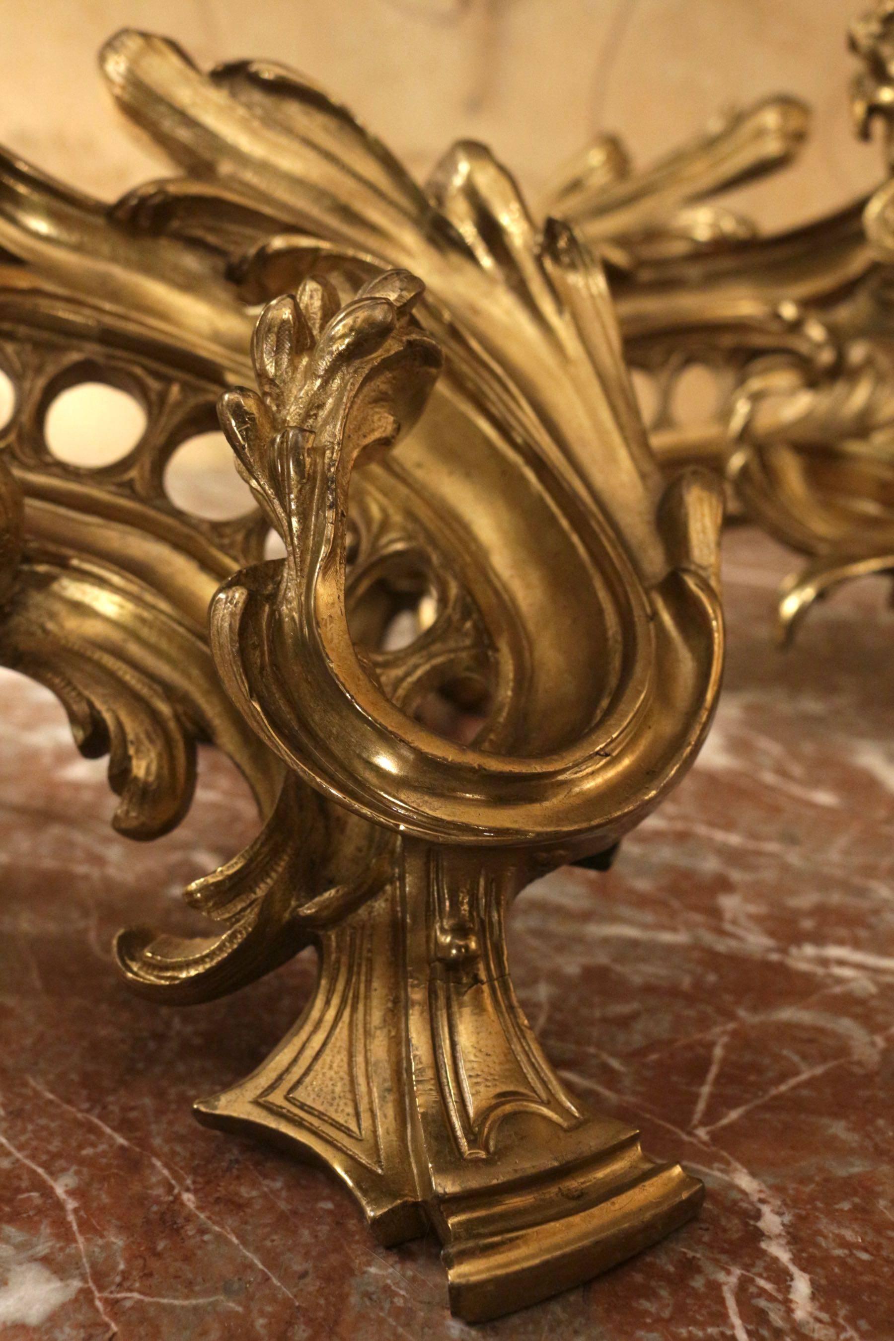Cast Pair of French Rococo Gilded Bronze Endiron with Putti, 19th Century