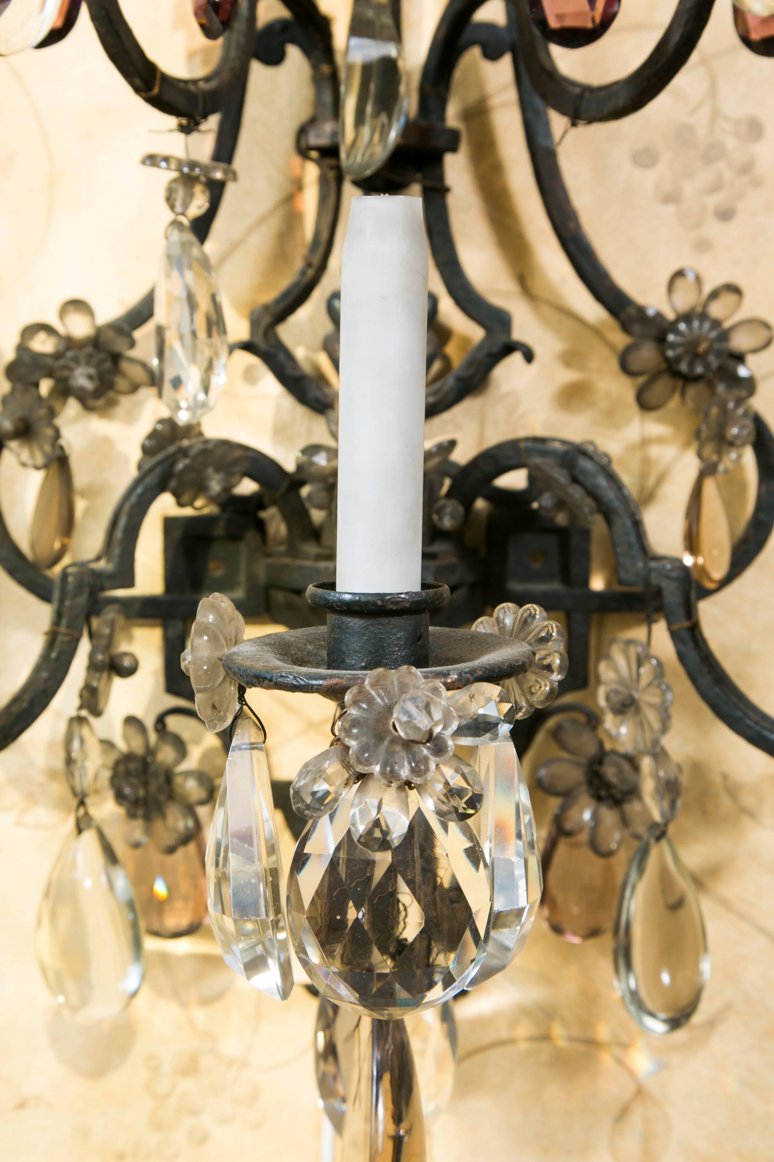 Forged Important Pair Iron Wall Sconces Five Arms White and Color Crystal Drops For Sale