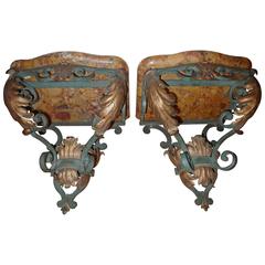 Pair of Wall Iron Consoles with Marble Top