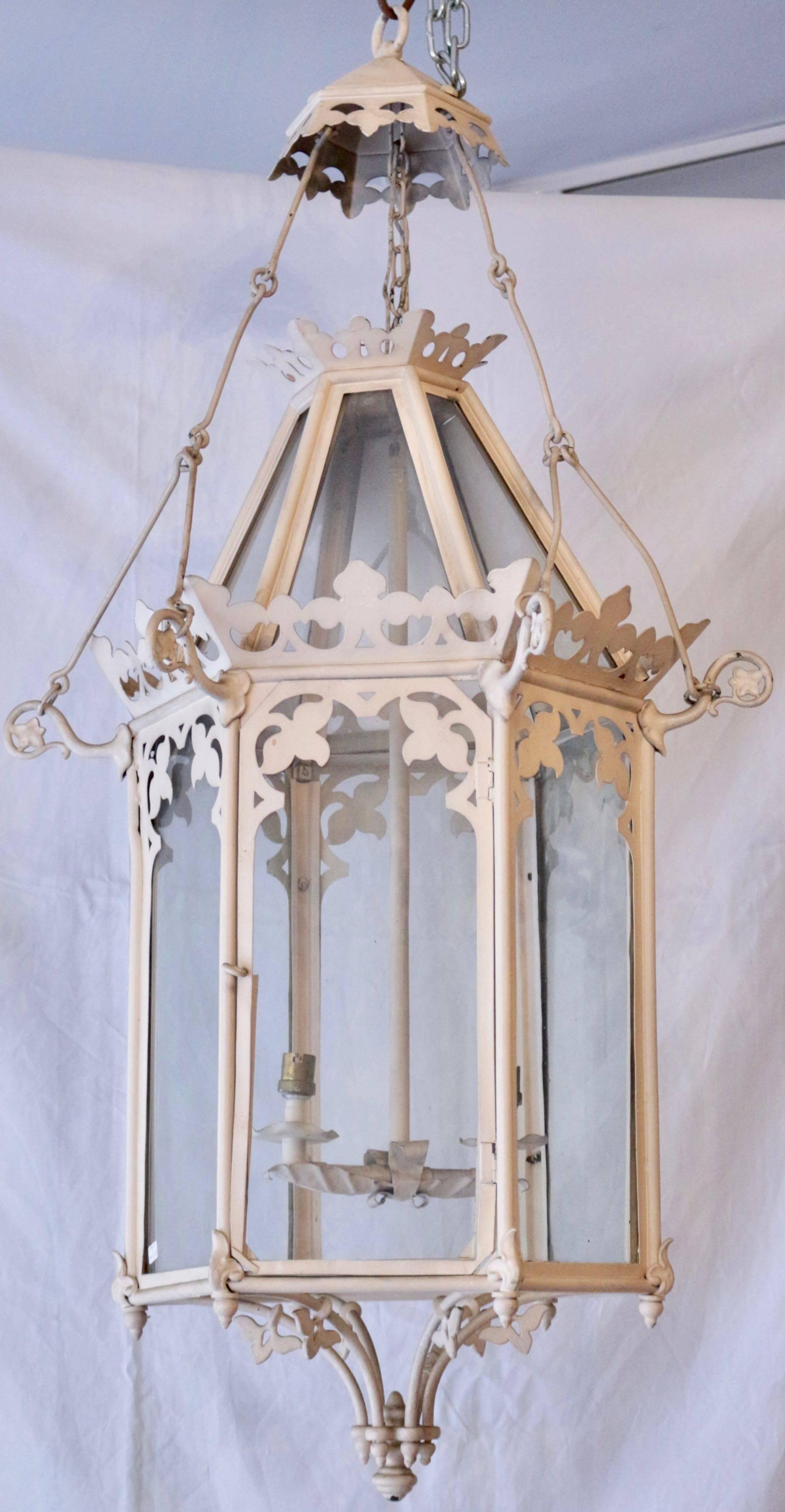 Gothic Pair of Off-White Lacquer Hexagonal Sheet Metal and Iron Lanterns